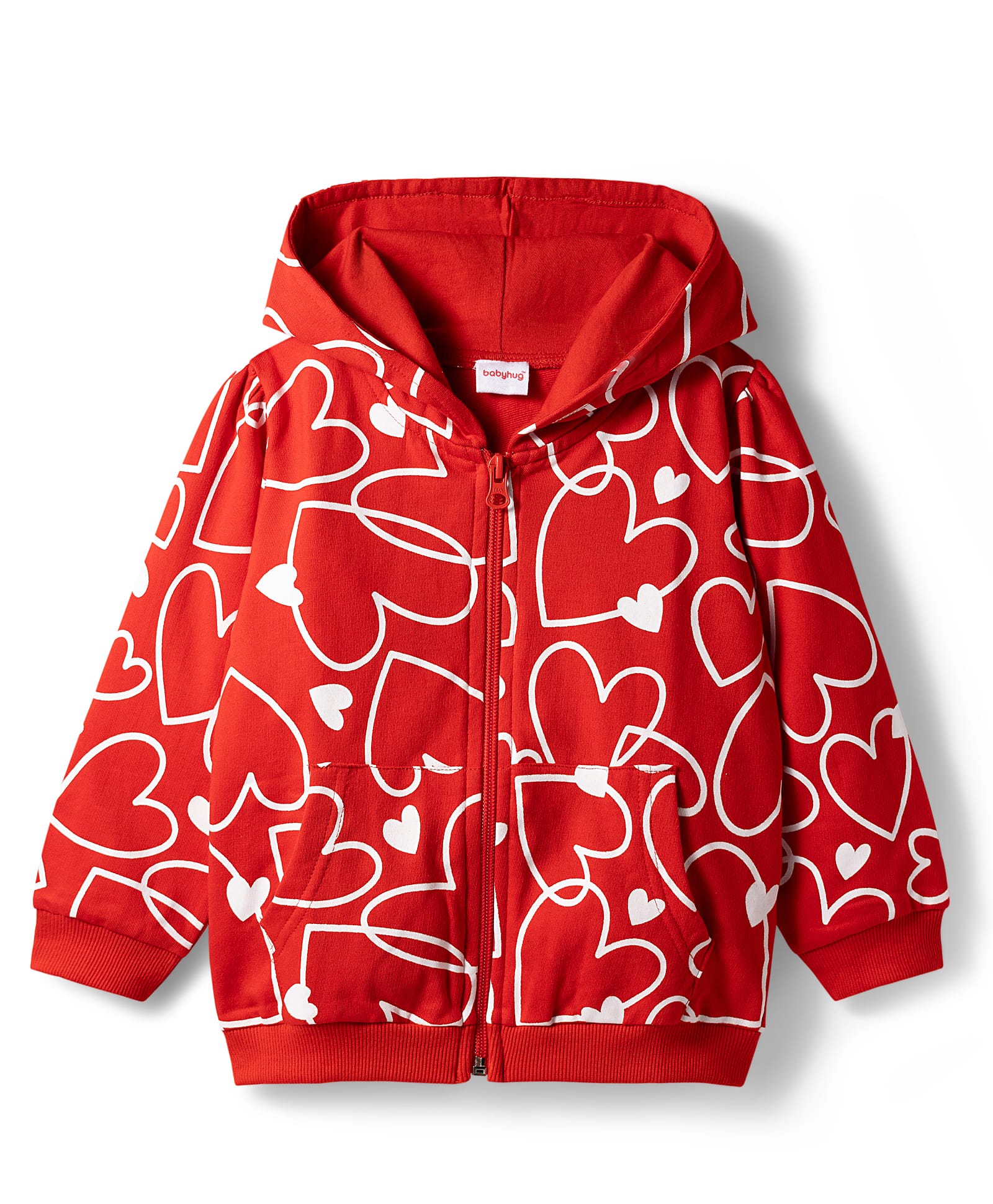 Babyhug Cotton Knit Full Sleeves Hooded Sweatjacket With Heart Print & Kangaroo Pockets - Red-image-20