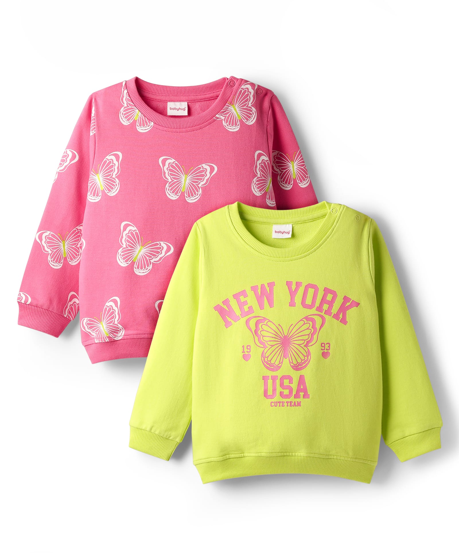 Babyhug Cotton Knit Full Sleeves Butterfly Printed Sweatshirts Pack of 2 - Light Green & Dark Pink-image-48