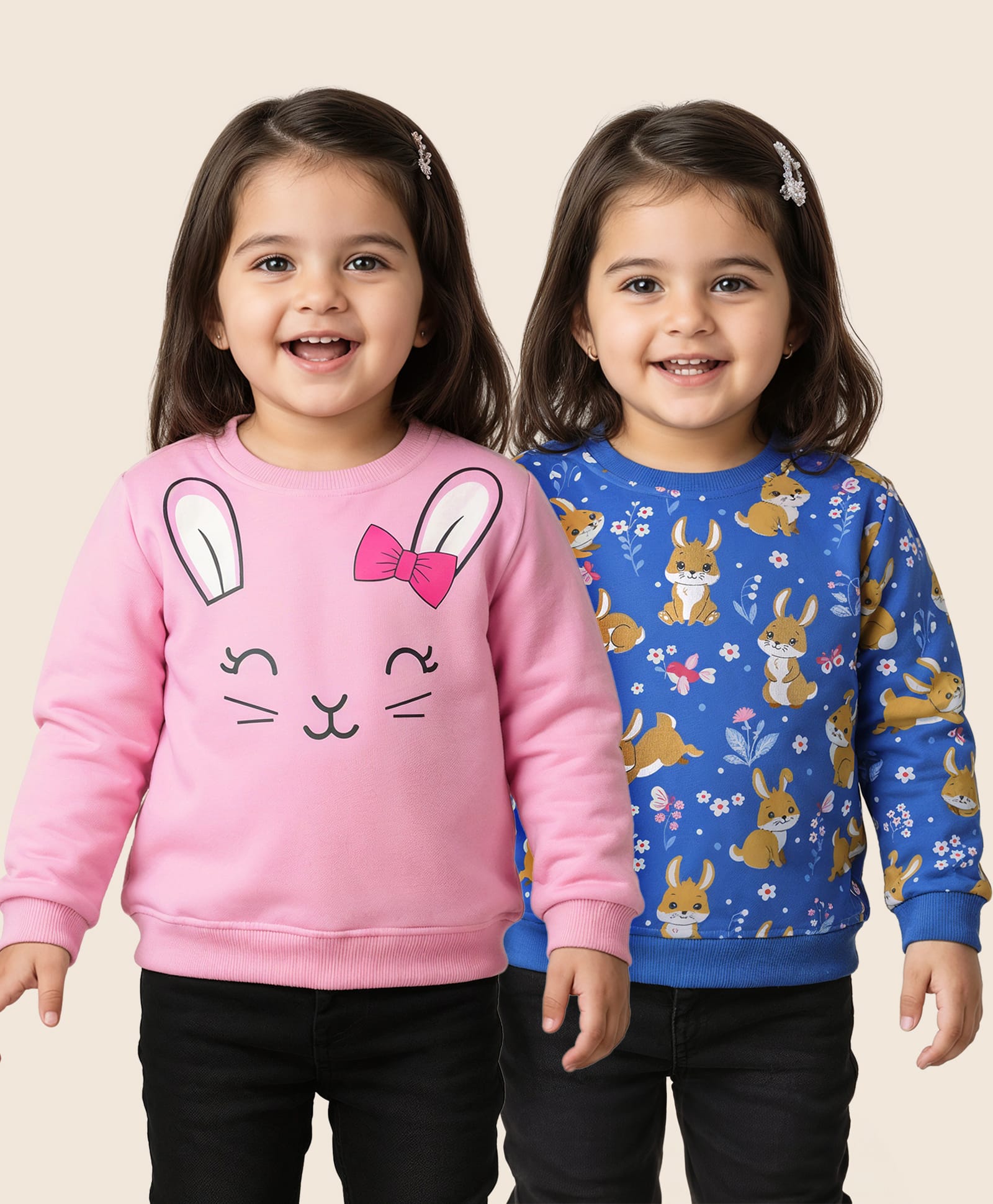 Babyhug Cotton Knit Full Sleeves Sweatshirts With Bunny Graphics Pack of 2 - Pink & Blue-image-47