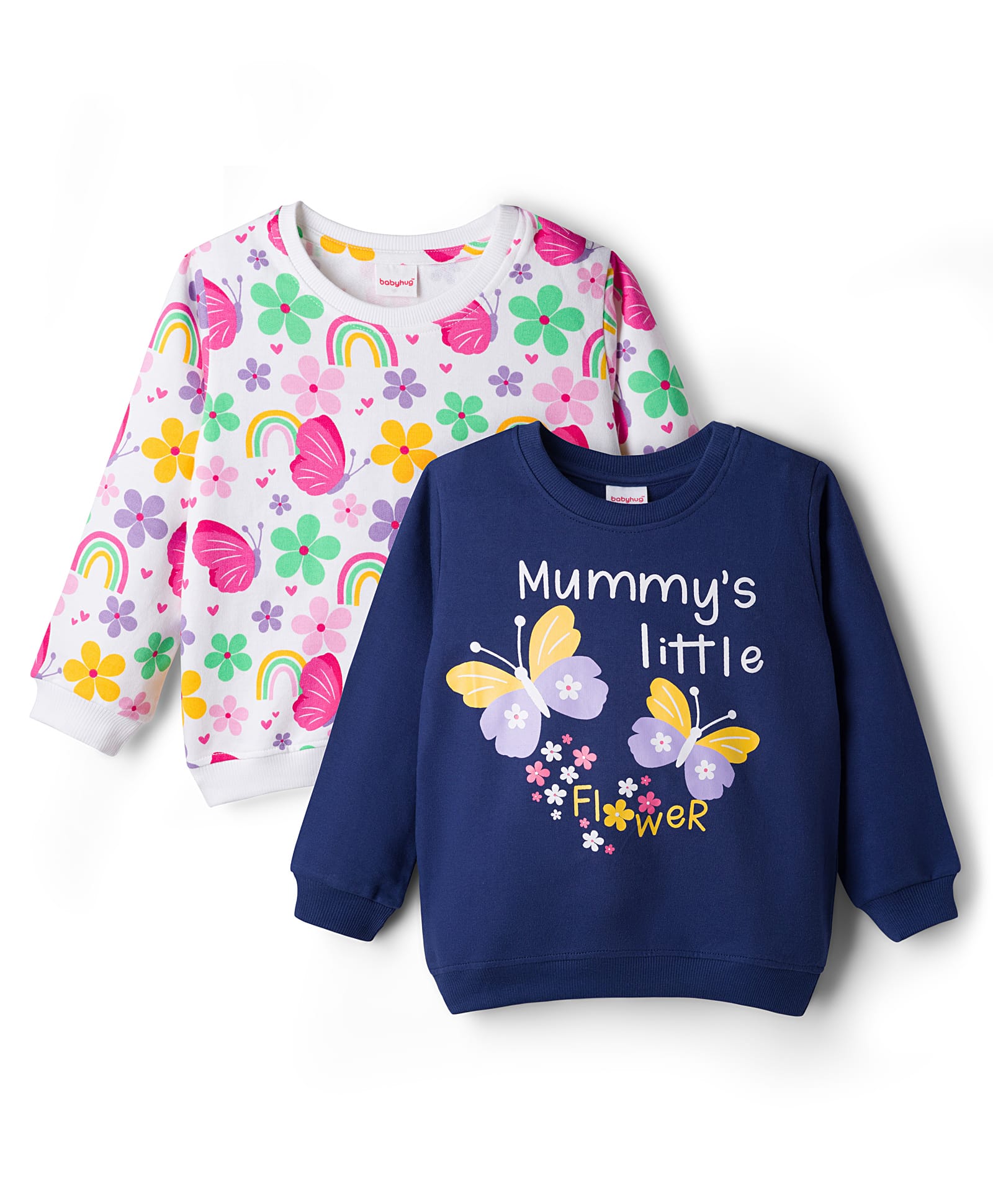 Babyhug Cotton Knit Full Sleeves Sweatshirts With Floral & Butterfly Graphics Pack of 2 - Navy Blue & White-image-48