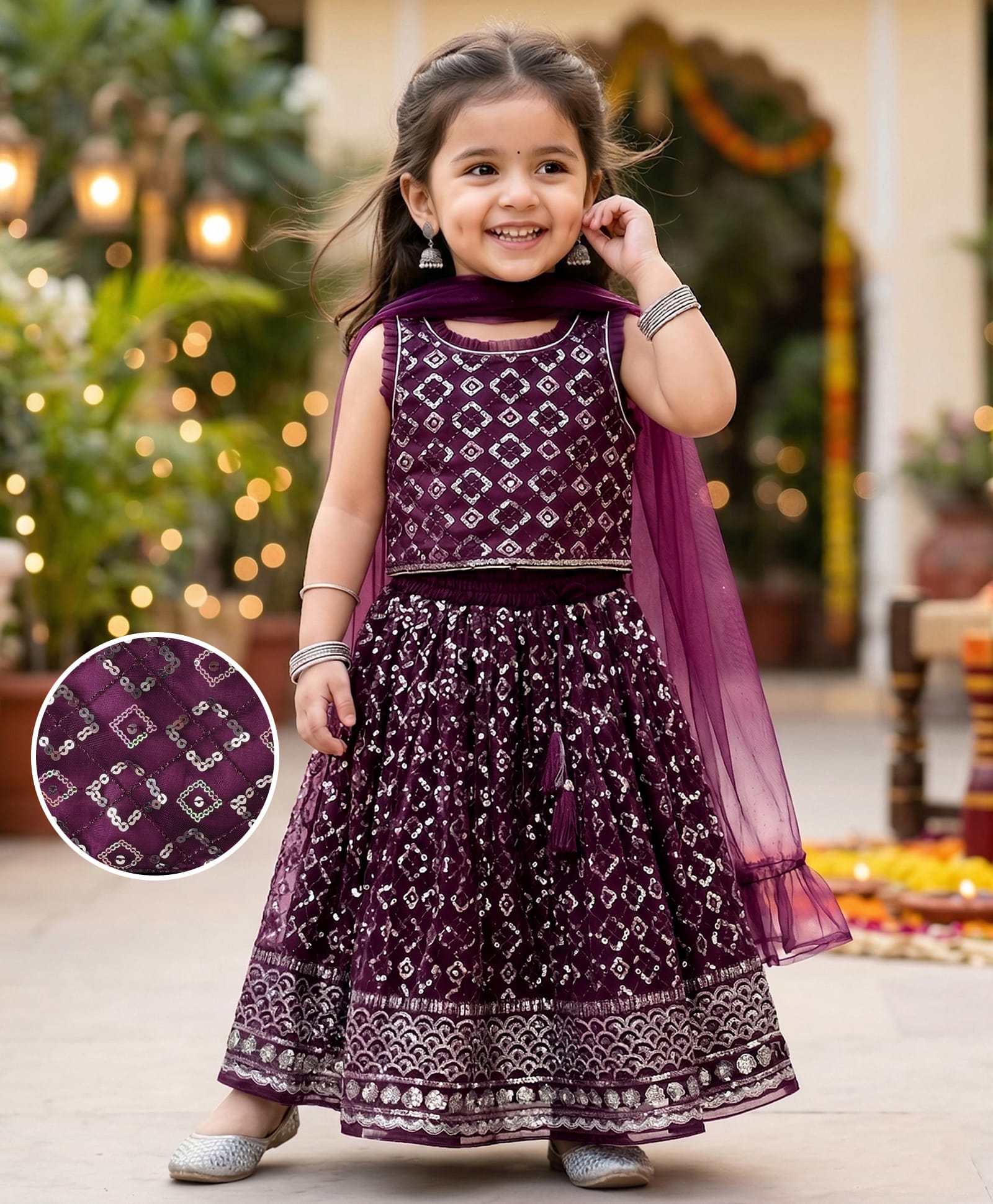 Babyhug Woven Sleeveless Lehenga Choli and Dupatta Set with Sequin Embroidery - Wine-image-42