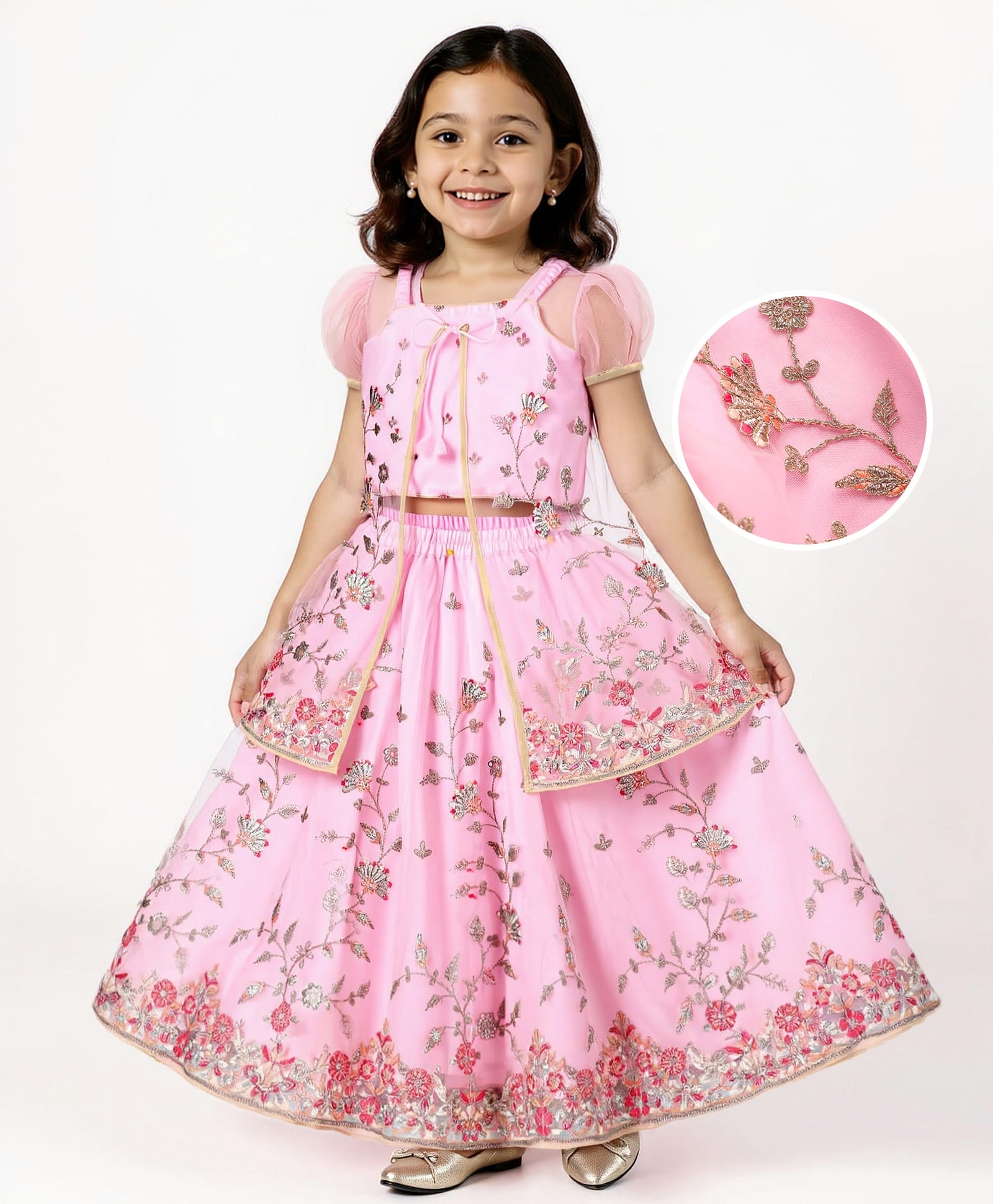 Babyhug Woven Choli Lehenga Set with Half Sleeves Jacket & Floral Embroidery - Pink-image-37