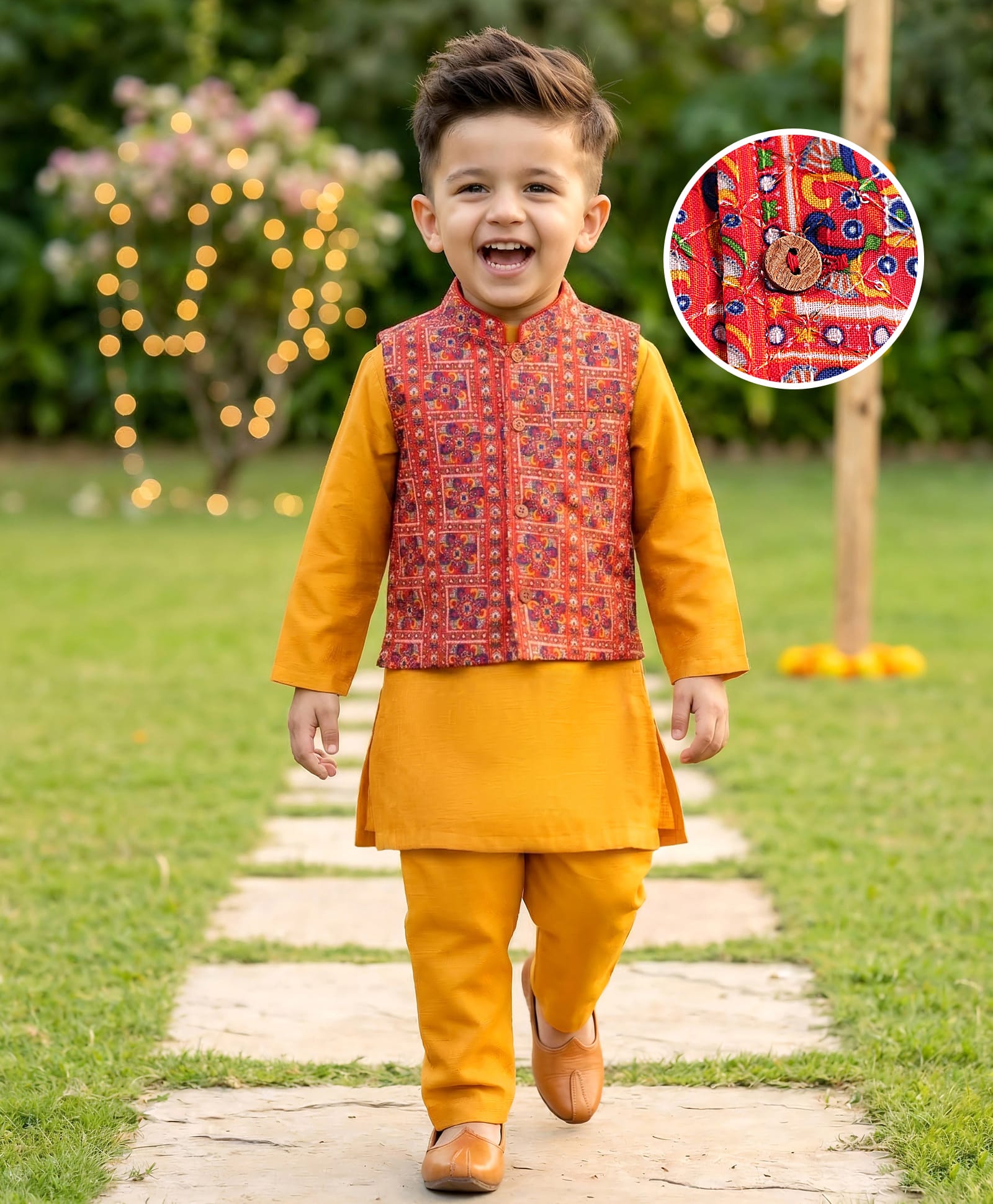 Babyhug Woven Full Sleeves Kurta Pajama With Printed Jacket - Mustard-image-46
