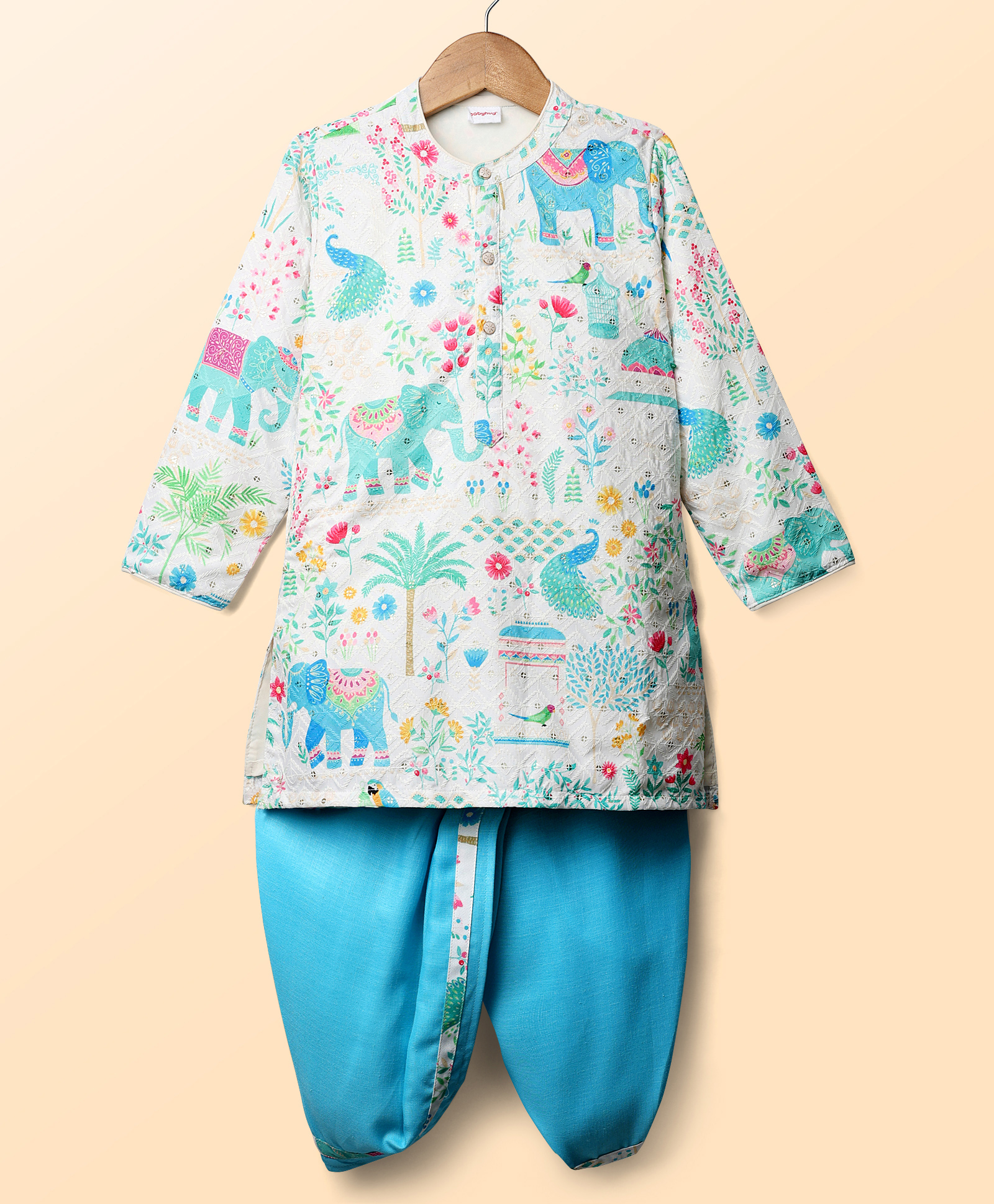 Babyhug Woven Full Sleeves Textured Kurta & Dhoti Set With Floral & Animal Print - White & Light Blue-picture-14