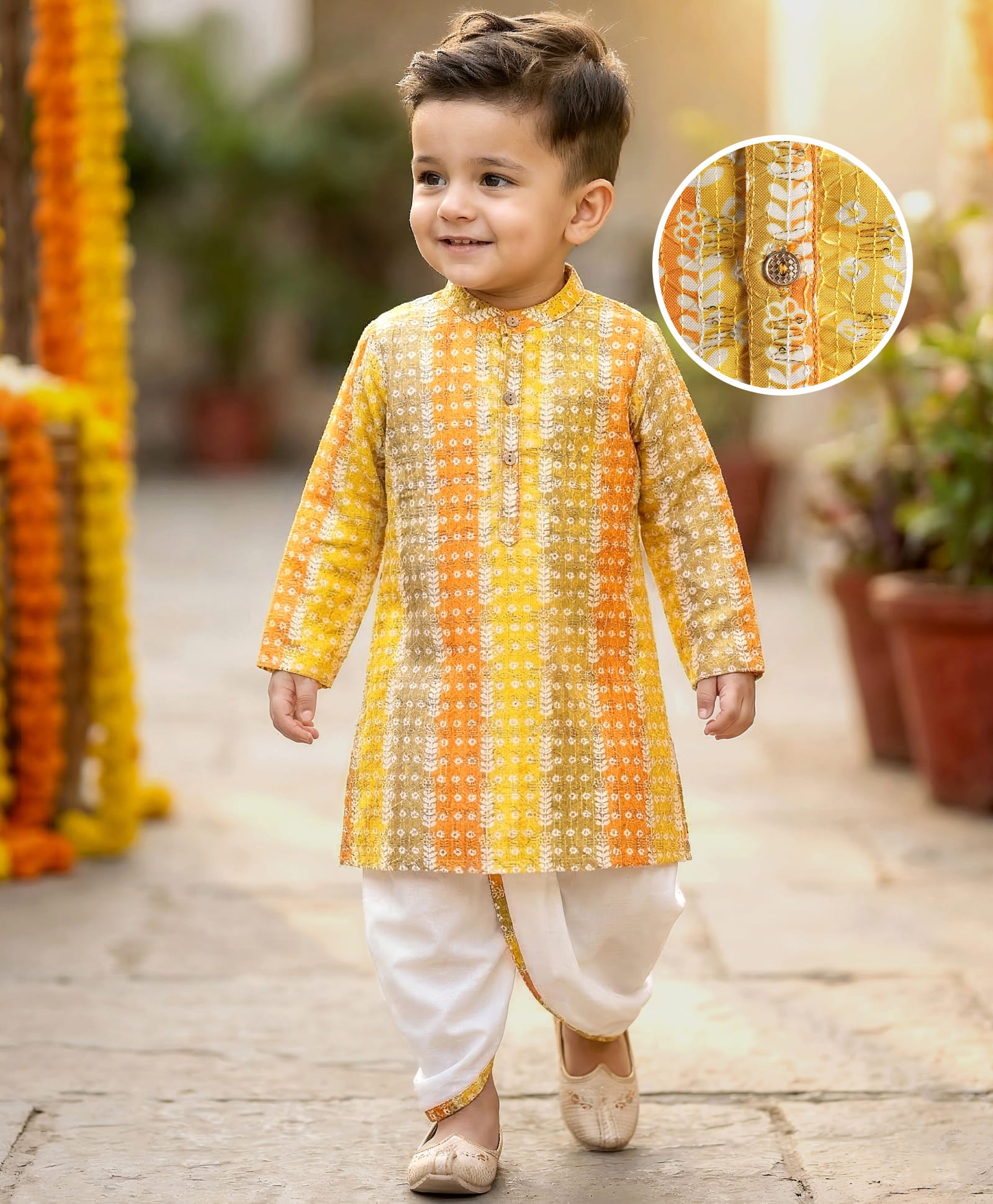 Babyhug Woven Full Sleeves Kurta Dhoti Set With Floral Print - Yellow-picture-15