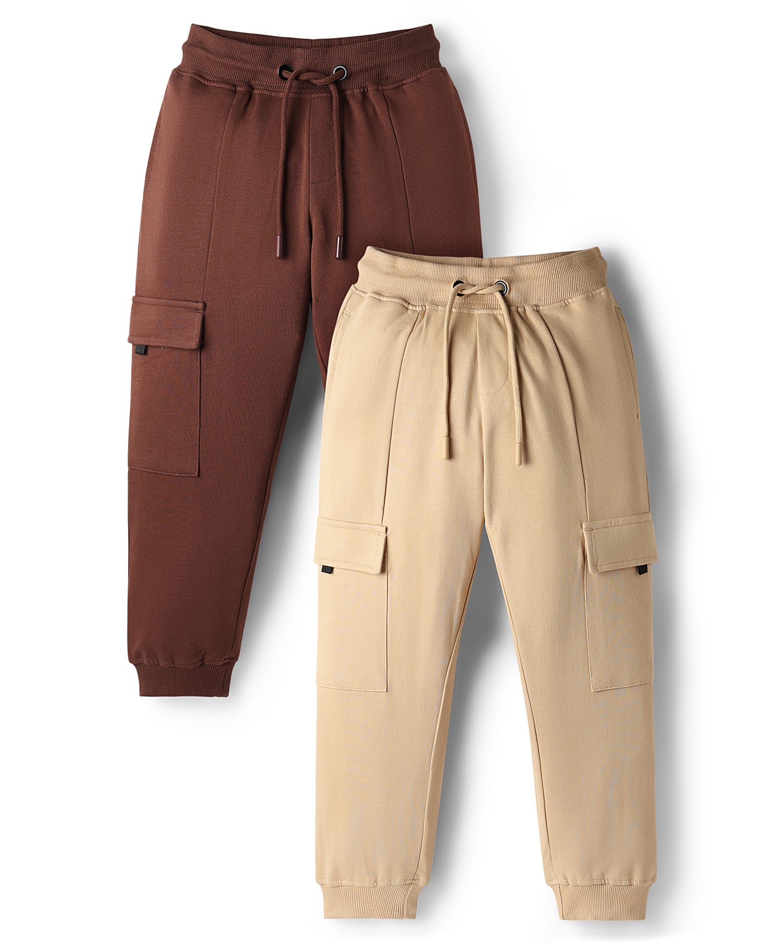 Primo Gino 100% Cotton Knit Full Length Solid Color Cargo Joggers - Beige & Maroon-image-46