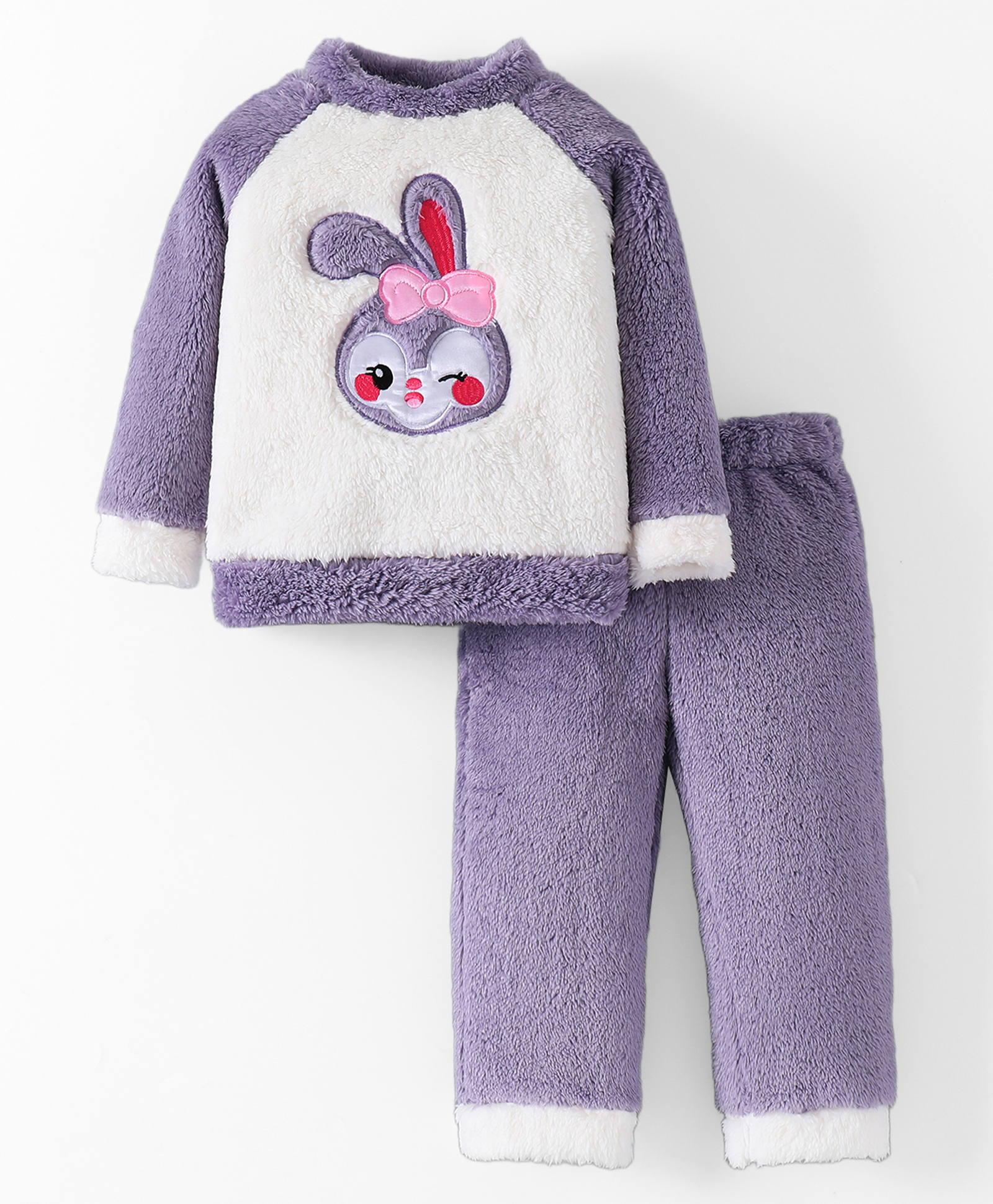 Mark & Mia Full Raglan Sleeves Winter Wear Night Suit With Rabbit Patch Embroidery - Purple & White-image-15