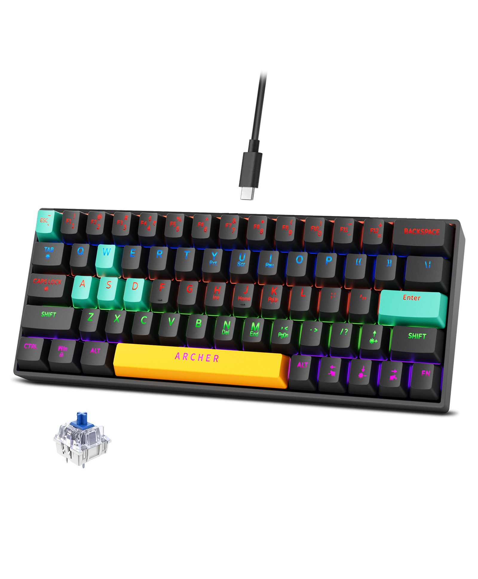 Archer Tech Astra M400 | 60% Compact Wired Mechanical Gaming Keyboard 63-Key Blue Switch with Tactile Feedback, 26-Key Anti-Ghosting, 17 RGB Modes, 50M Click Lifespan | PC, Mac, PS4, PS5, Xbox-image-36