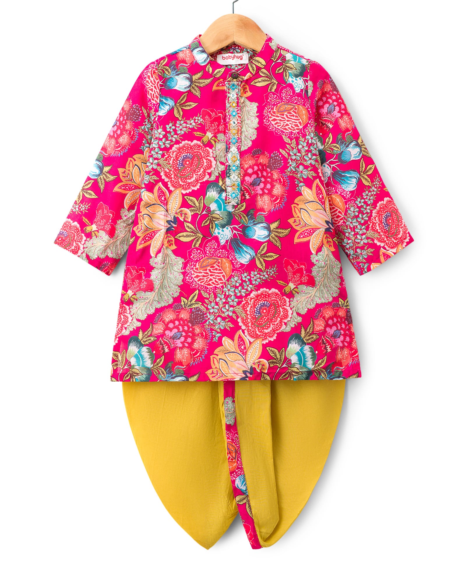 Babyhug Cotton Woven Full Sleeves Floral Printed Kurta & Dhoti Set - Fuchsia & Green-picture-24