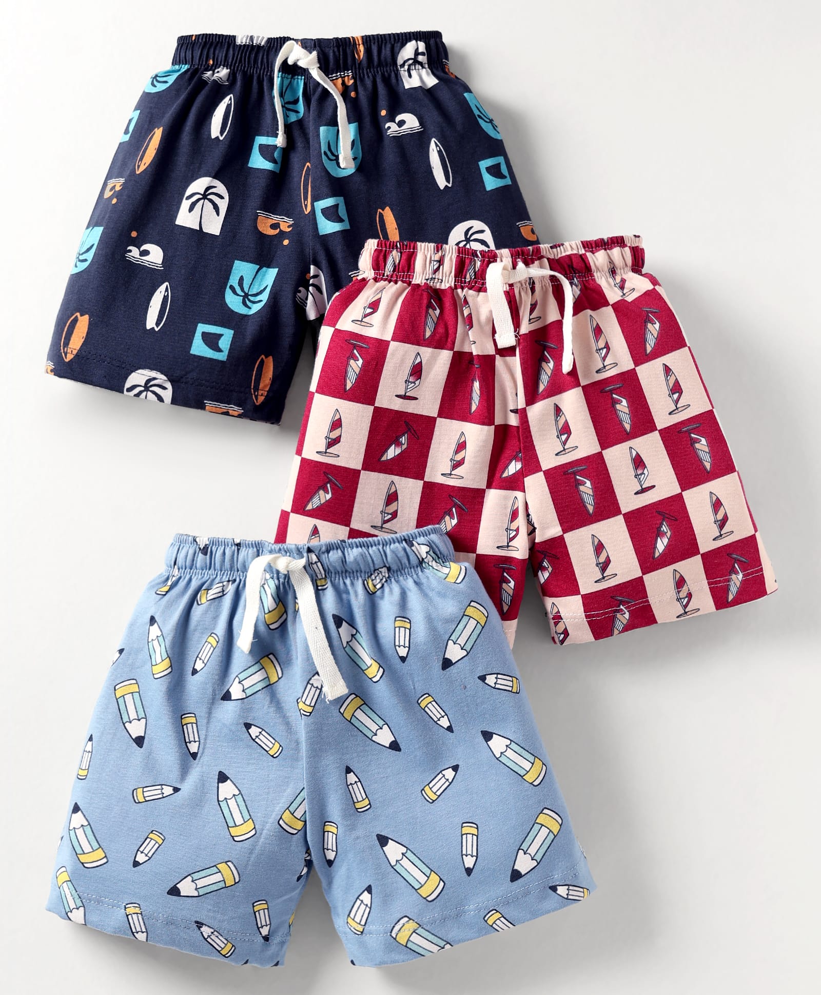 CUCUMBER Sinker Knit Above Knee Length Shorts With Beach & Nautical Theme Print Pack Of 3 - Light Blue Red & Navy Blue-picture-39