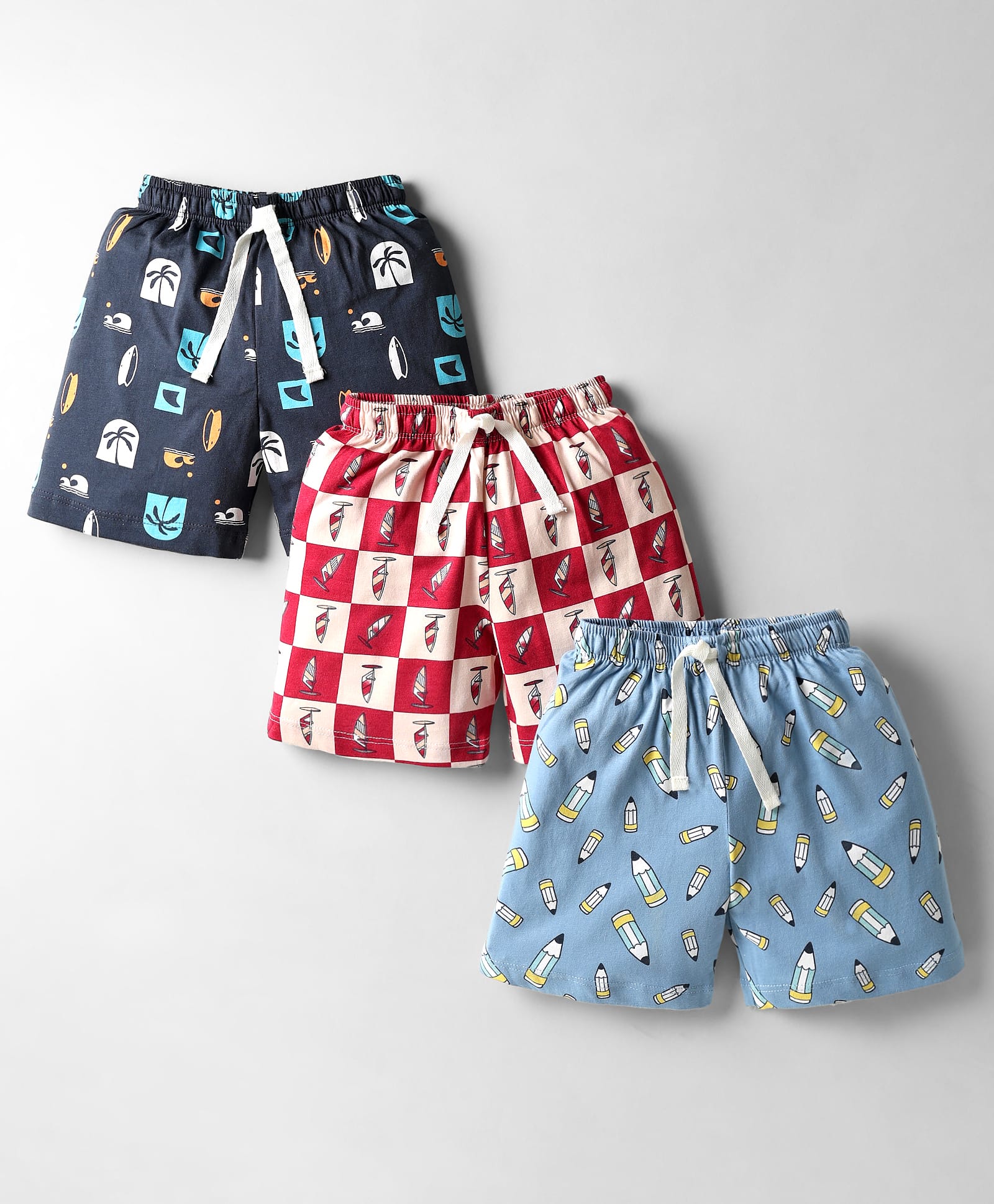 CUCUMBER Sinker Knit Above Knee Length Shorts with Nautical Theme & Pencil Print Pack of 3 - Charcoal Grey Light Blue & Ivory
