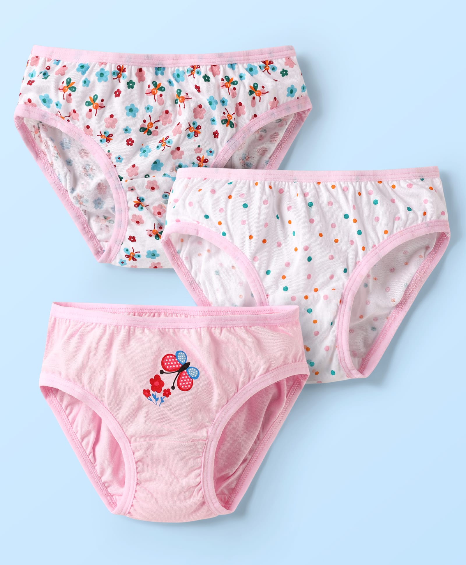 Babyhug 100% Cotton Floral Butterfly & Polka Dots Printed Panties Pack Of 3 - Multi Colour-image-44