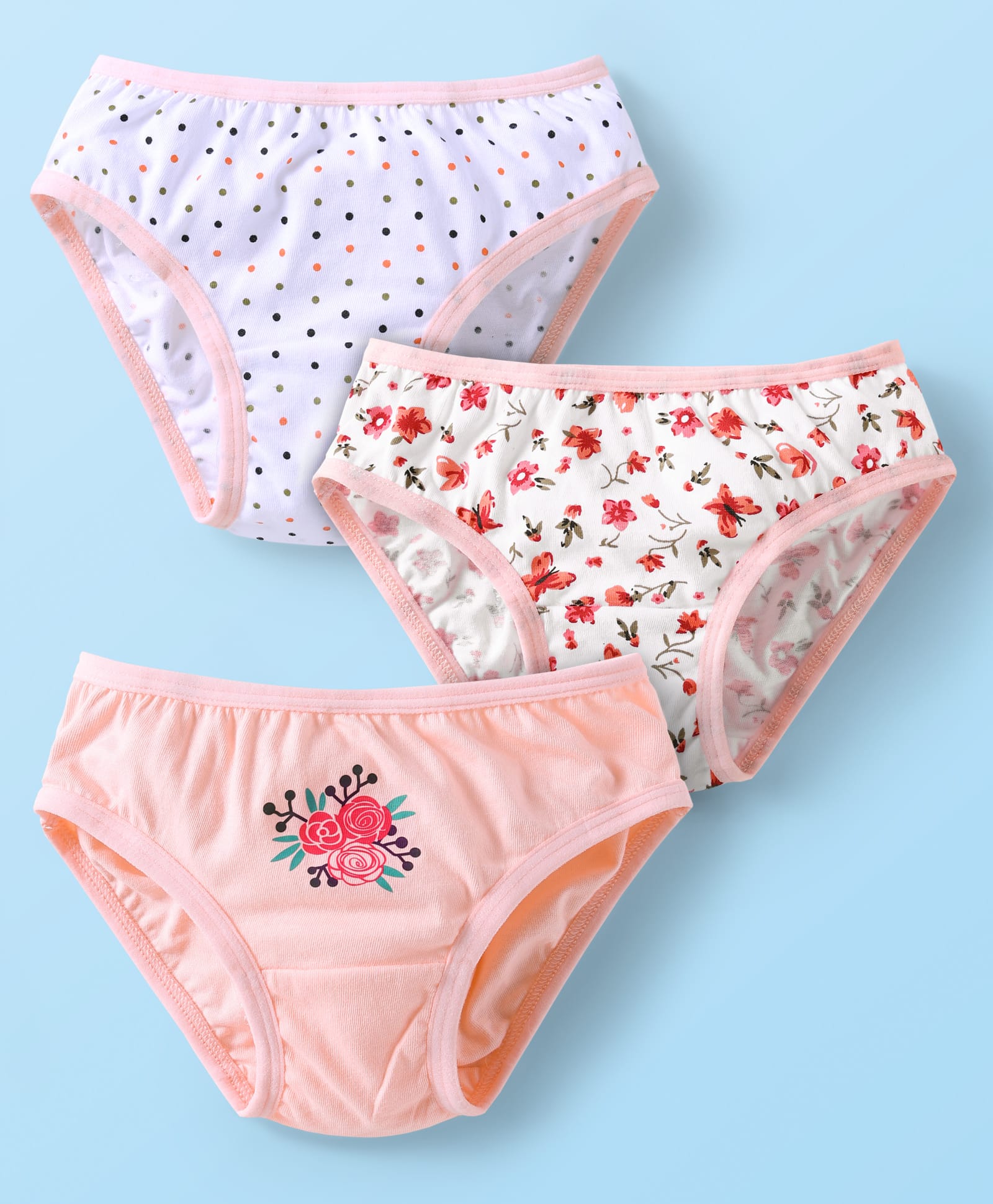 Babyhug 100% Single Jersey Knit Panties With Floral & Polka Dot Print Pack Of 3 - Pink & White