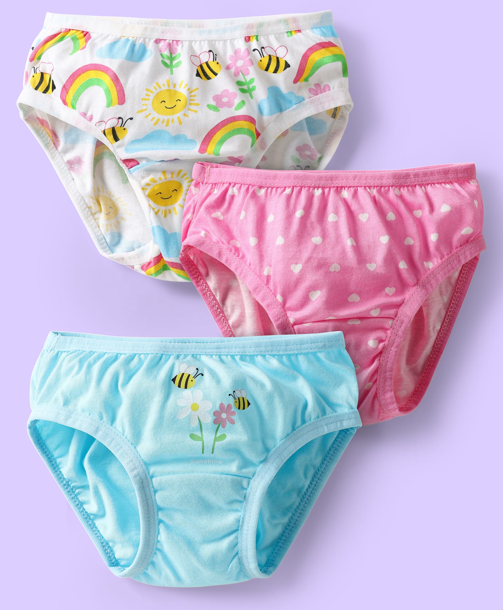 Babyhug 100% Cotton Knit Panties With Heart & Rainbow Print Pack of 3 - Pink Light Blue & White-image-44