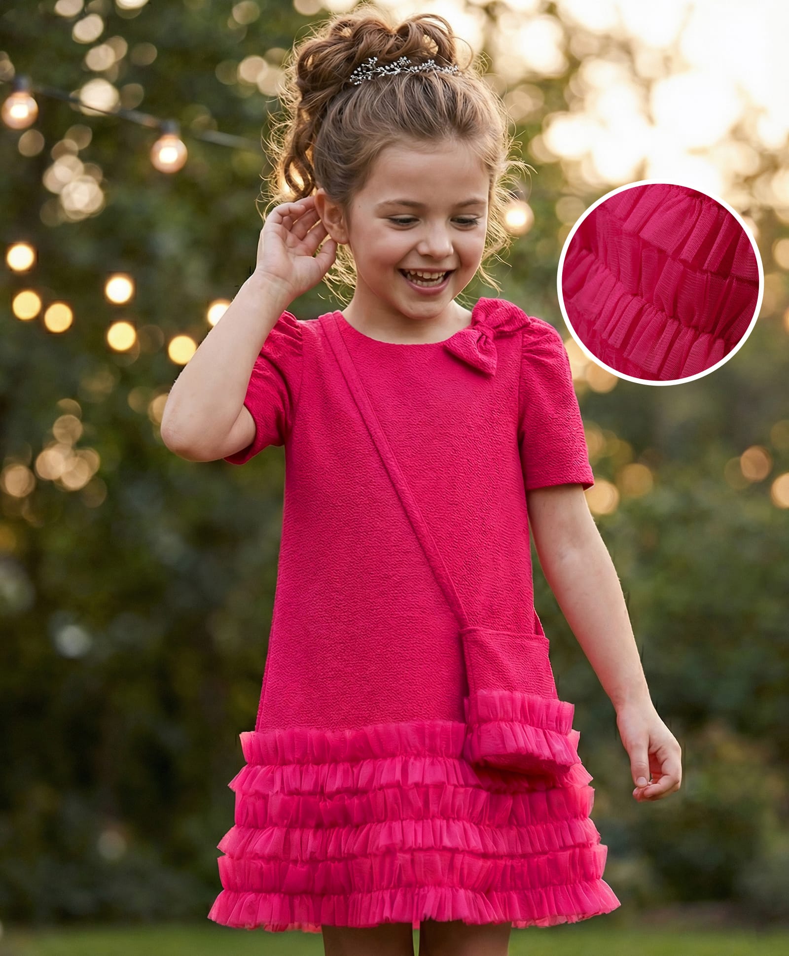 Hola Bonita Knit Half Sleeves Solid Frock With Bow Applique & Sling Bag - Dark Pink-image-29