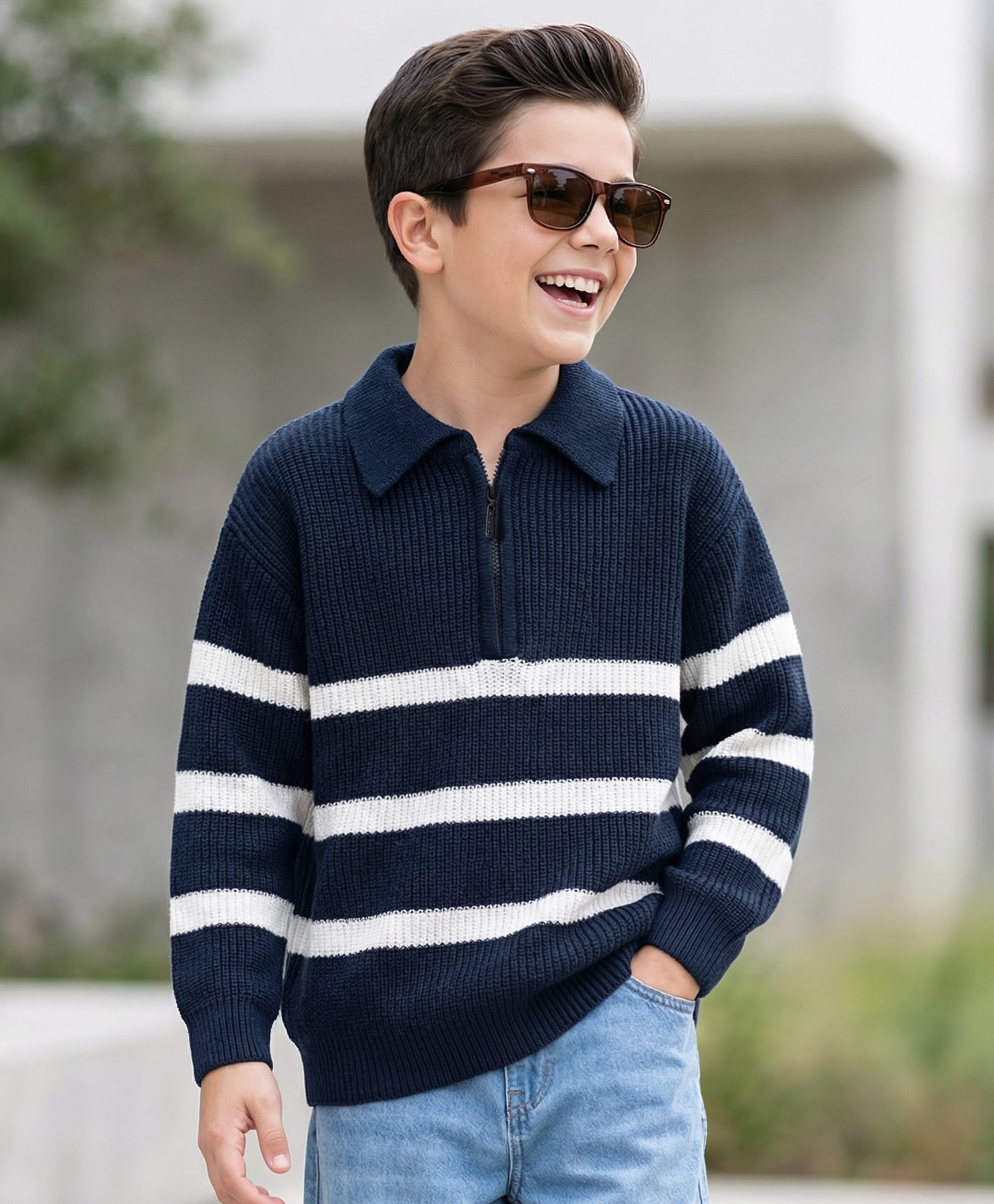 Pine Kids Knit Full Sleeves Pullover Sweater with Stripes - Navy Blue-picture-22