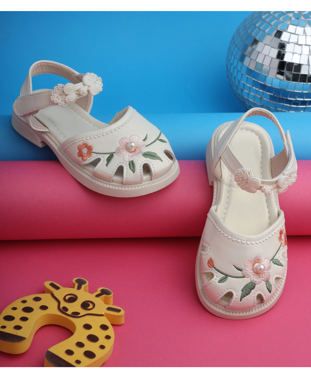 TRUFFLE COLLECTION Floral Embroidered & Pearld Embellished With Velcro Closure Sandals - Beige-picture-16