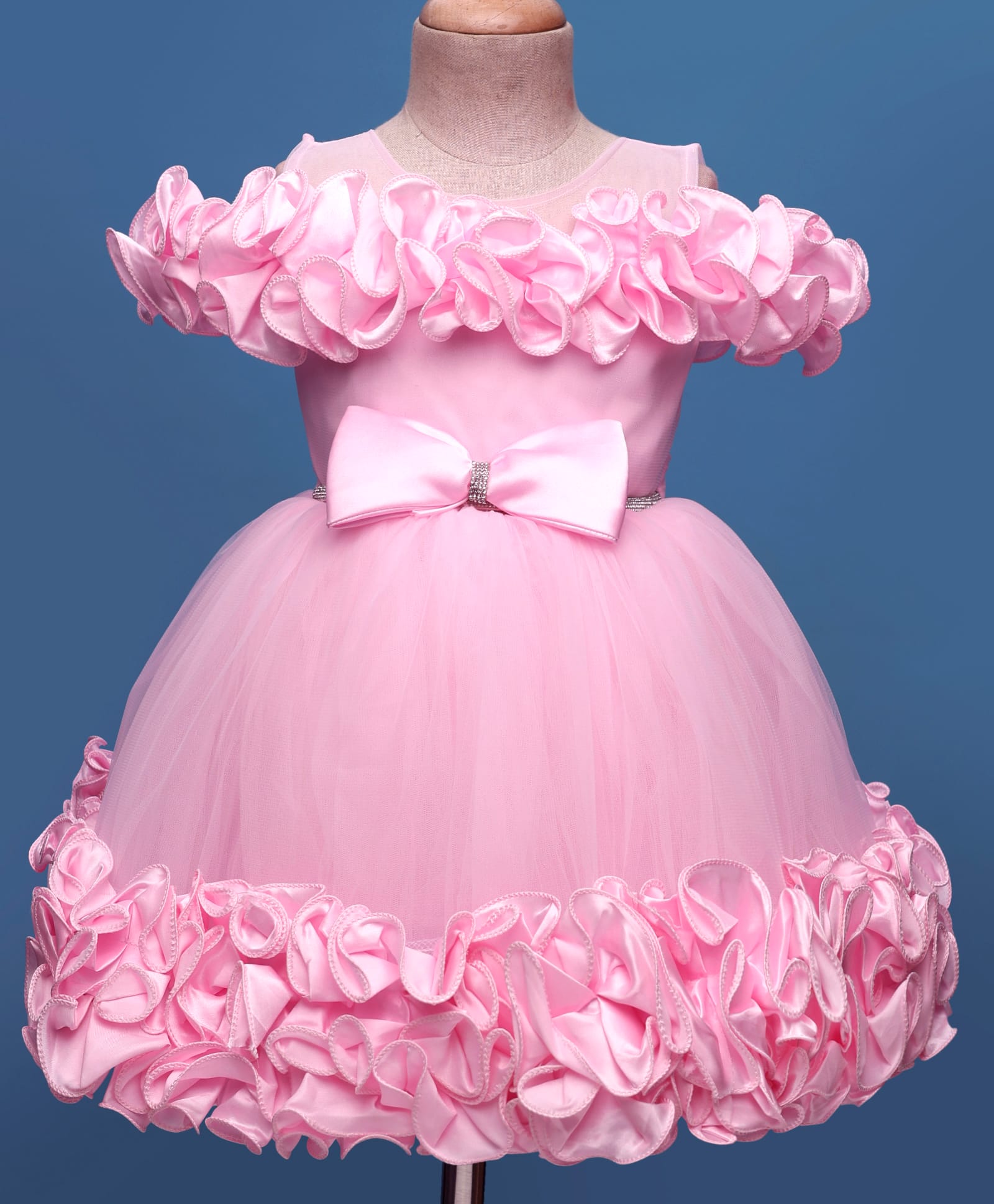 Bluebell Satin Woven Solid Coloured Sleeveless Frock With Bow & Frill Detailing - Pink