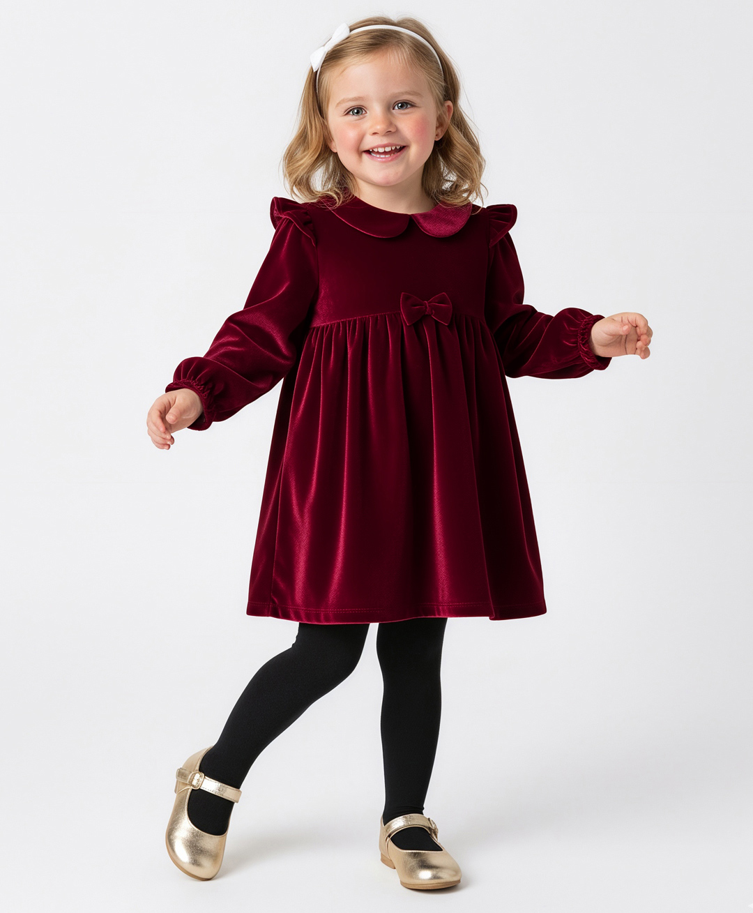 Bonfino Woven Full Sleeves Solid Color Peter Pan Collar Valour Party Dress with Stockings & Bow Applique - Maroon-picture-22