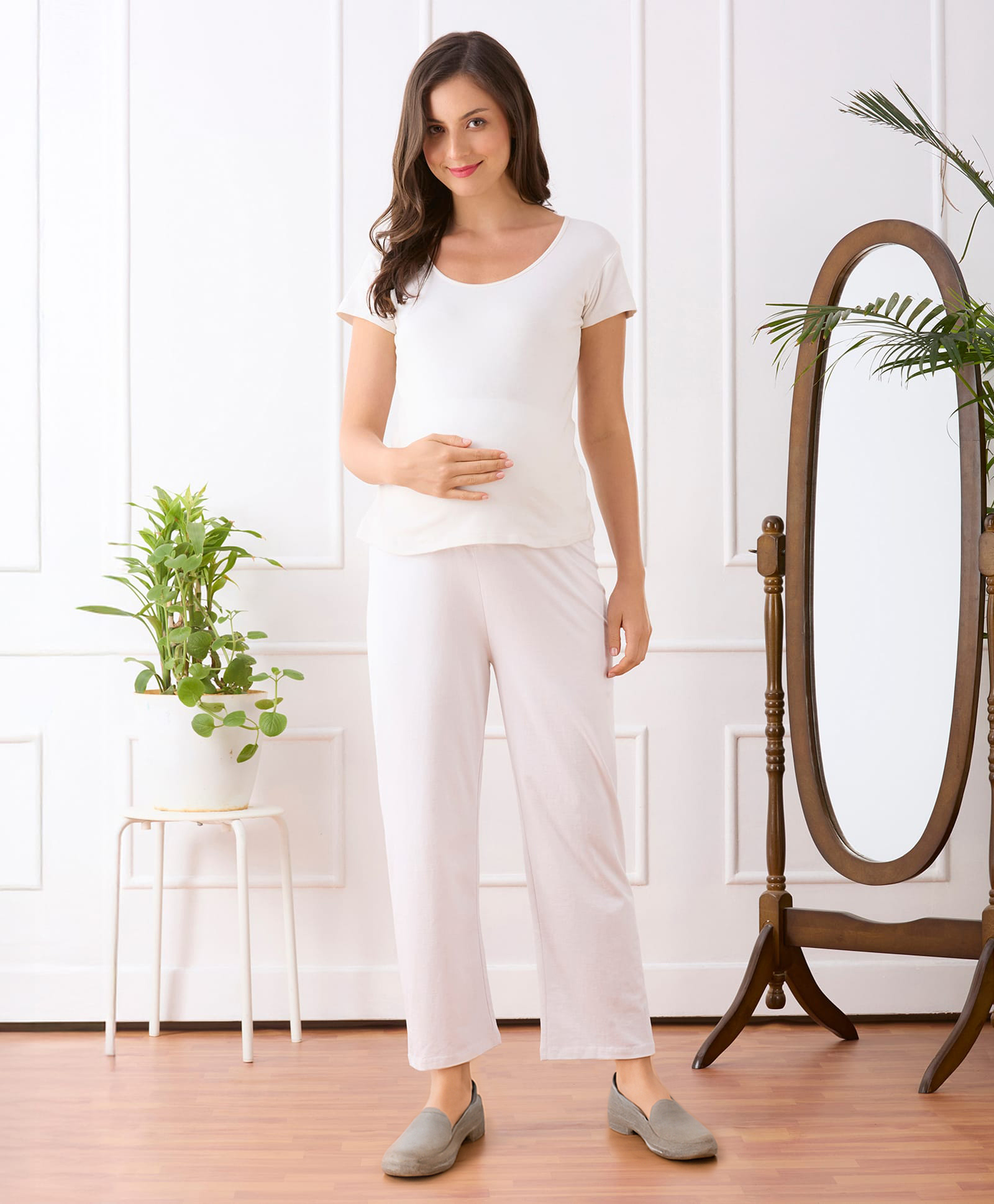 Bella Mama Cotton Lycra Knit Full Length Solid Maternity High Coverage Pant - White-picture-21