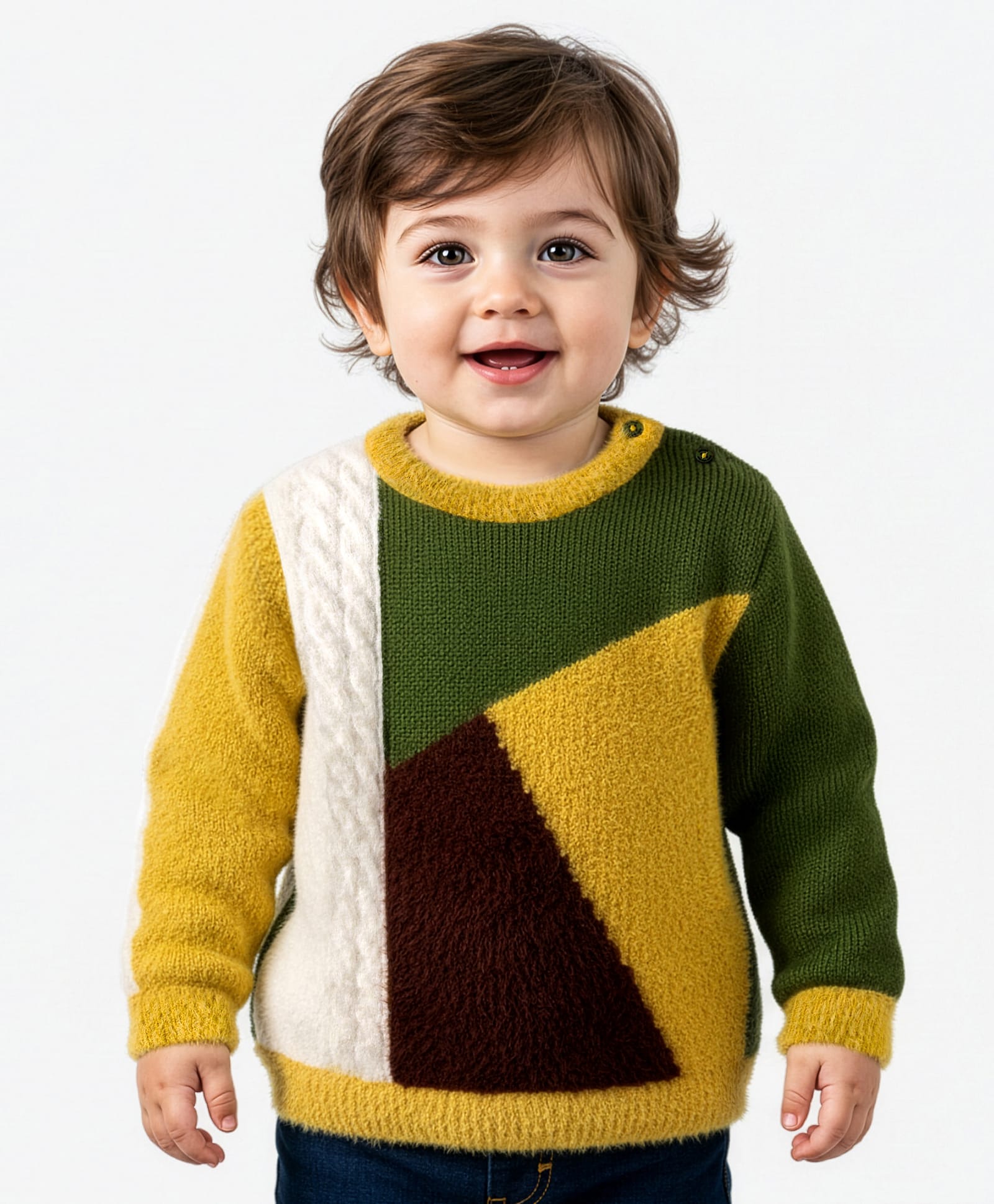 Babyoye Knit Full Sleeves Pullover Sweater with Color Block Design - Yellow Green & Brown-picture-27