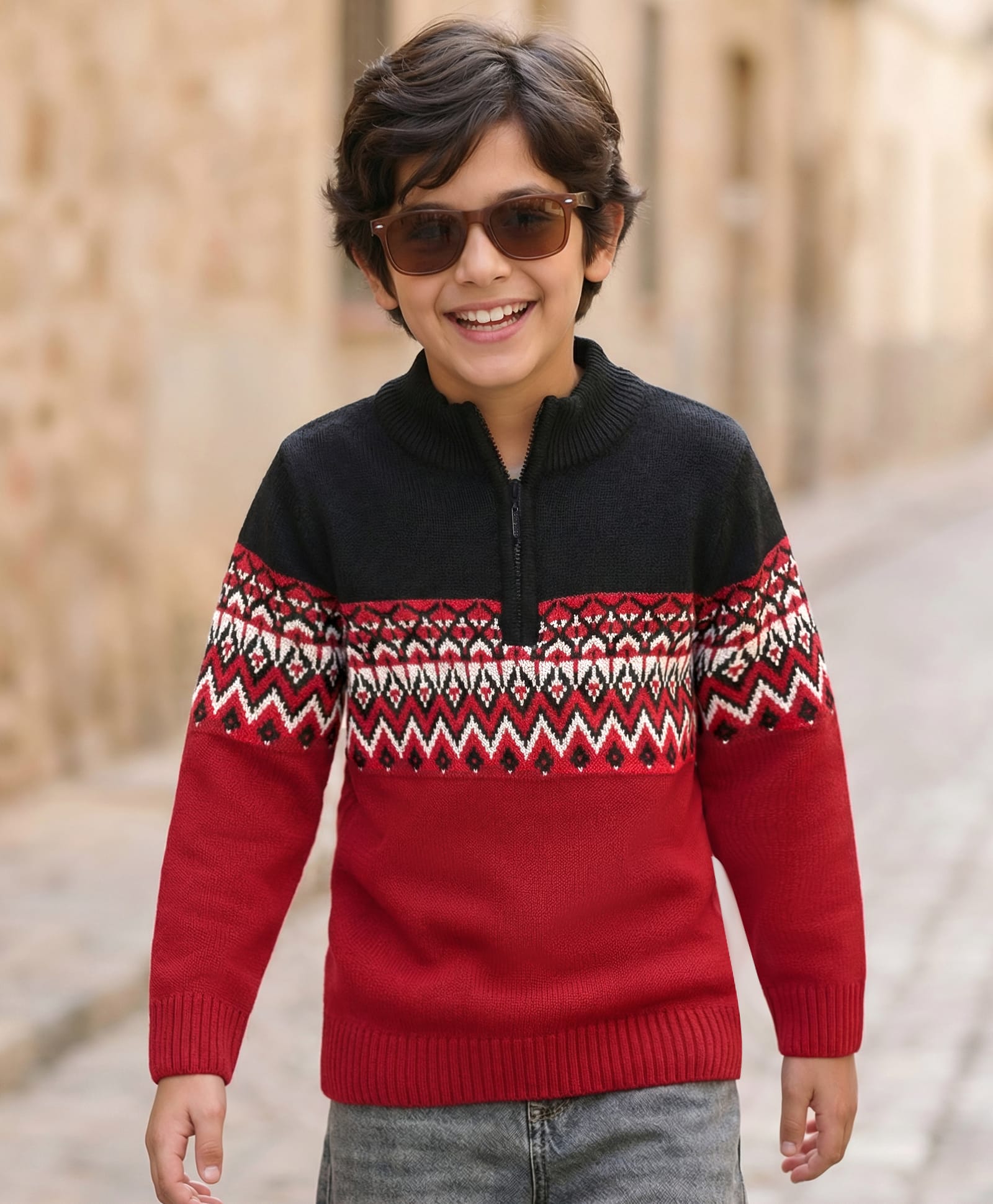 Pine Kids Knit Full Sleeves Pullover Sweater with Chevron Design - Red-image-18
