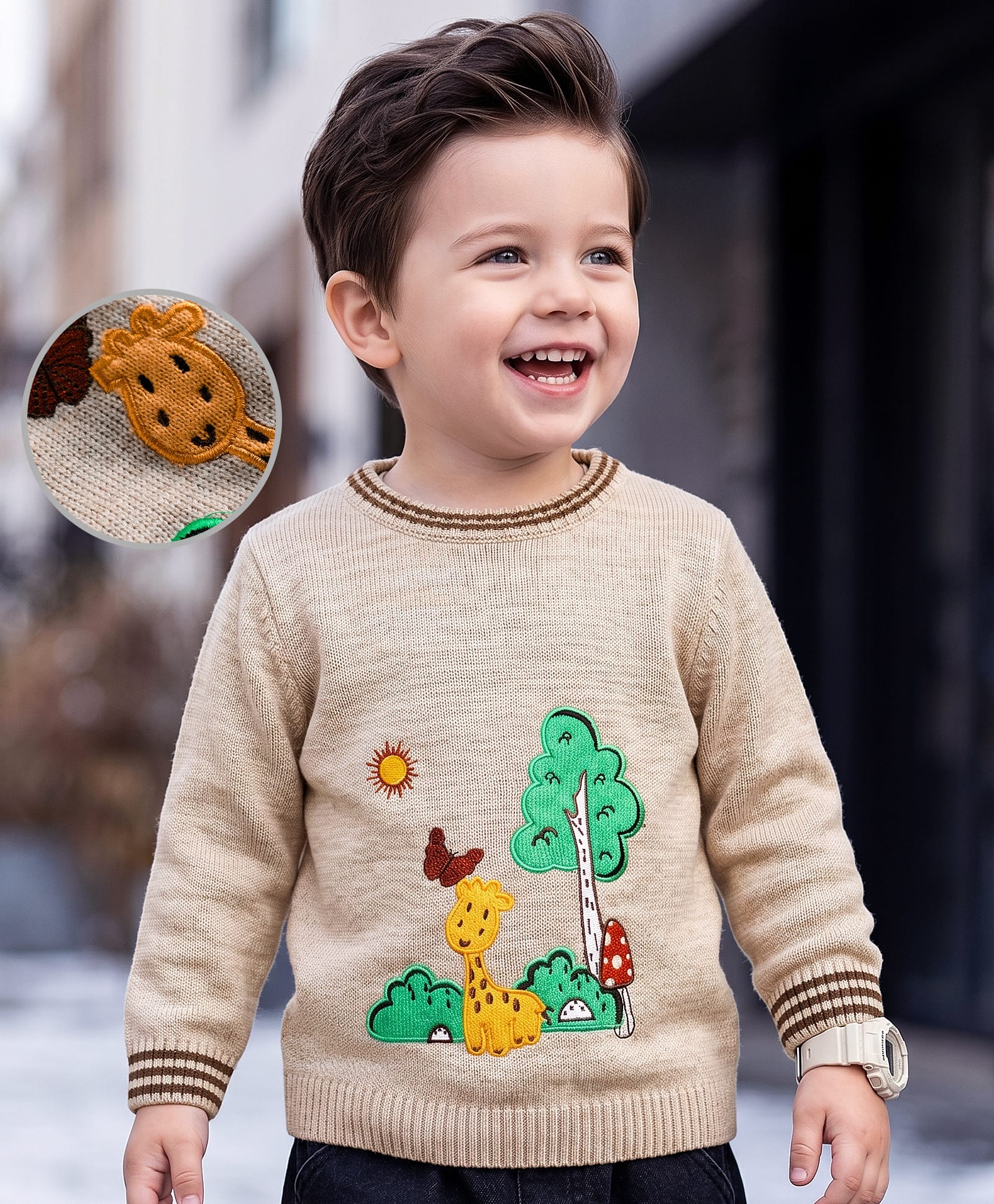 Babyoye 100% Cotton Full Sleeves Pullover Sweater With Giraffe Embroidery - Beige-image-10