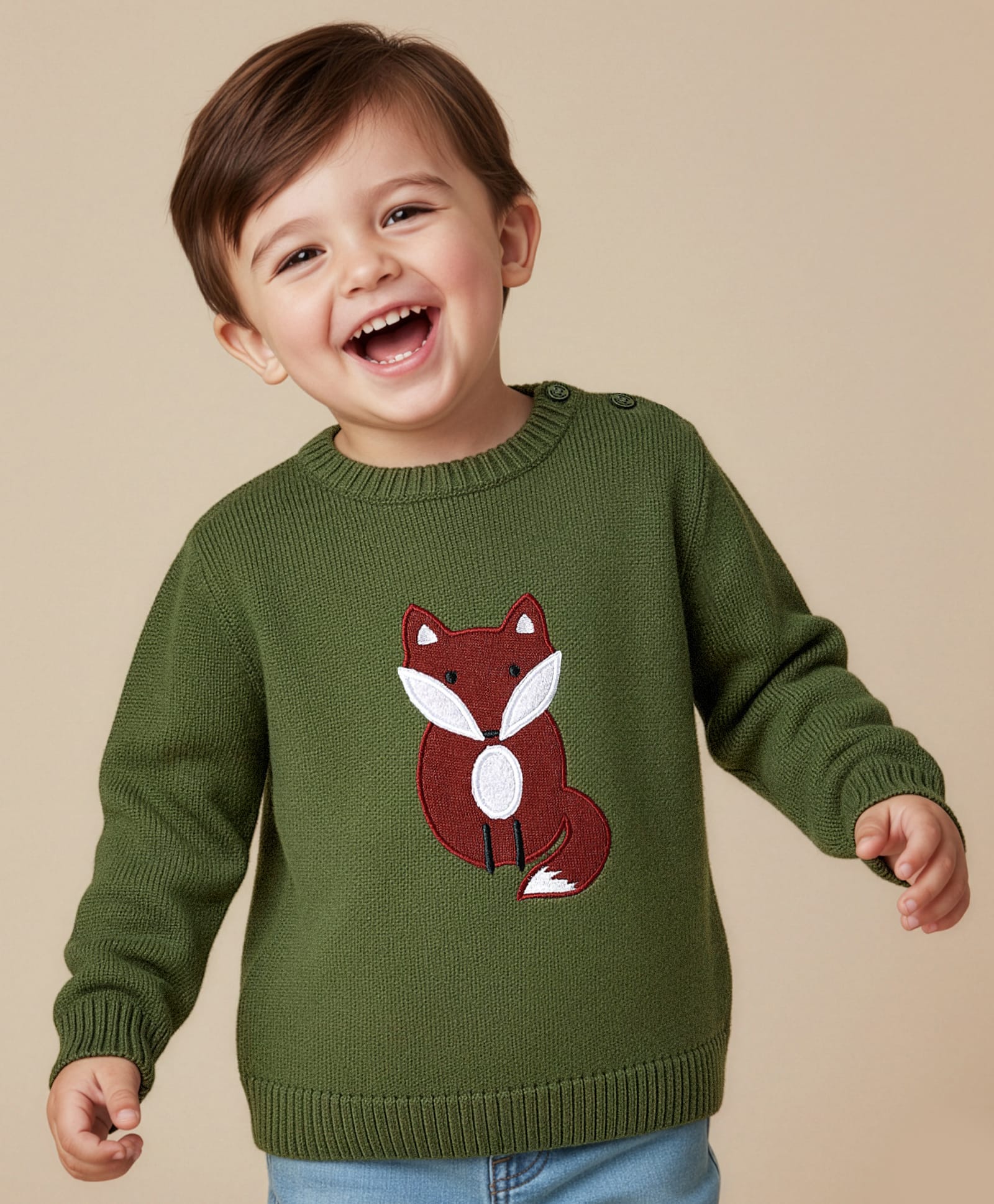 Babyoye Cotton Knit Full Sleeves Pullover Sweater with Kitty Patch Detailing - Olive Green-image-43