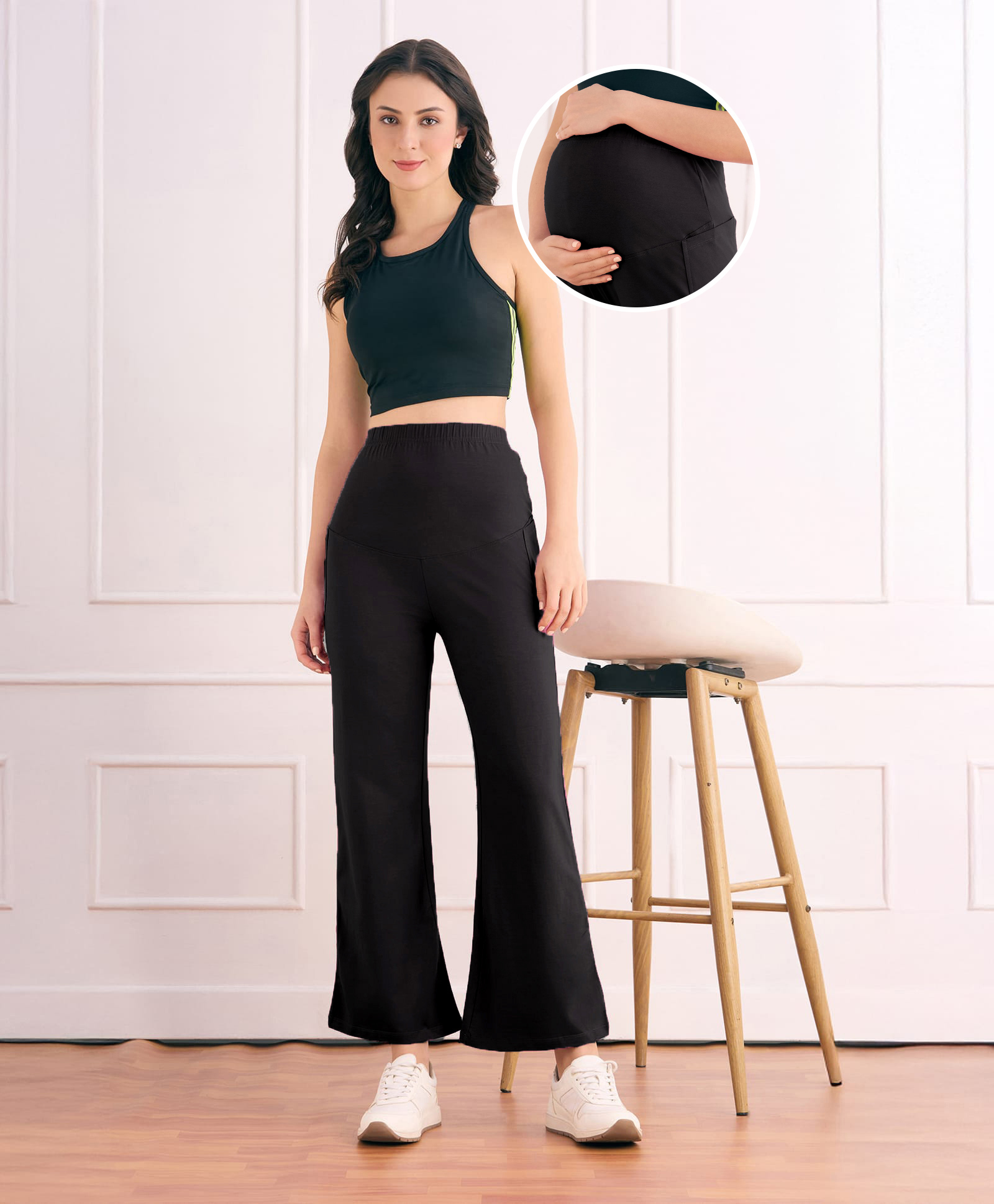 Bella Mama Cotton Lycra Knit Full Length Solid Coloured Flared Maternity Pant - Black