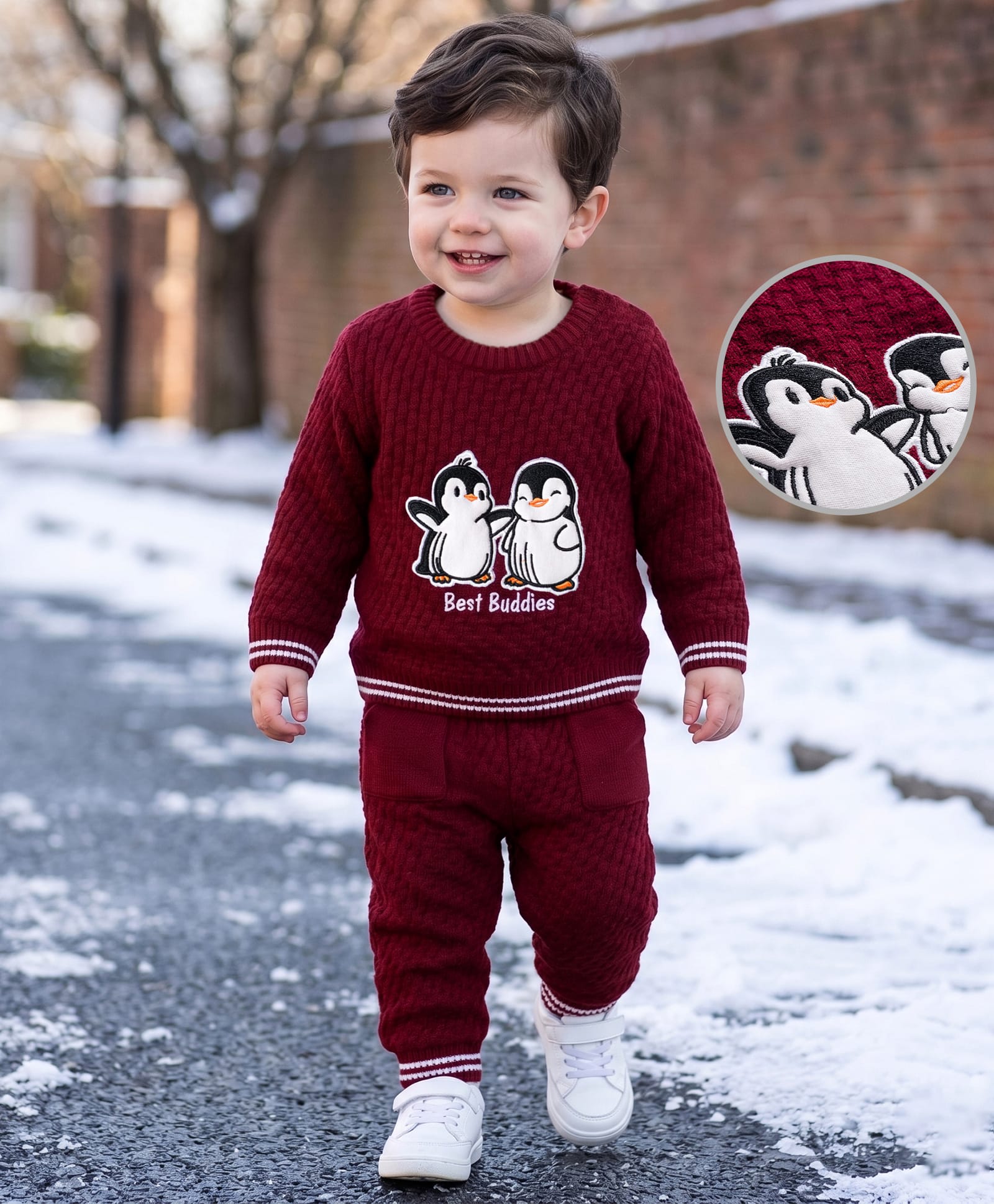 Babyoye Knit Full Sleeves Sweater Set With Penguin Embroidery - Maroon-image-41