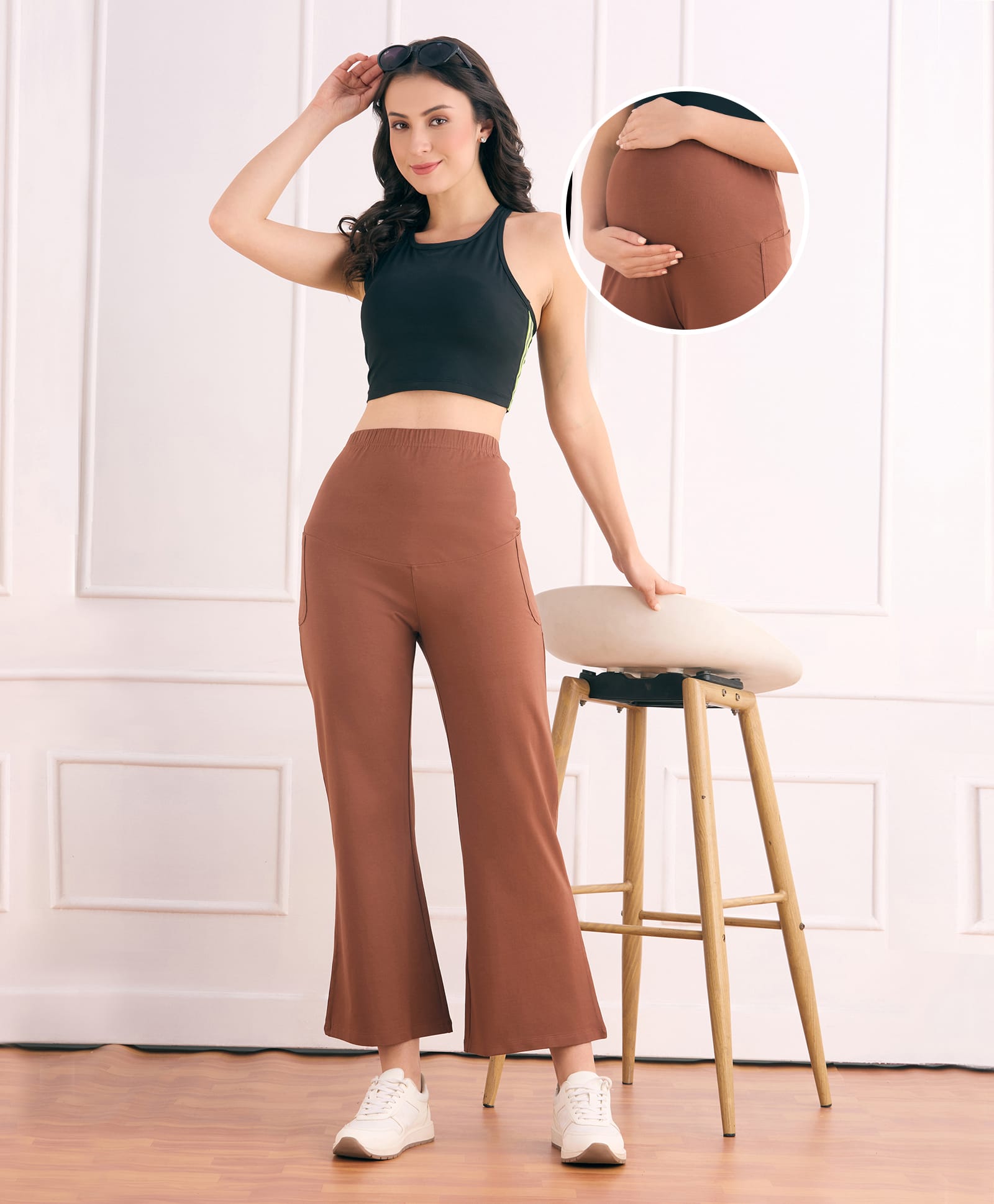 Bella Mama Cotton Knit Full Length High Coverage Maternity Solid Coloured Pant - Brown