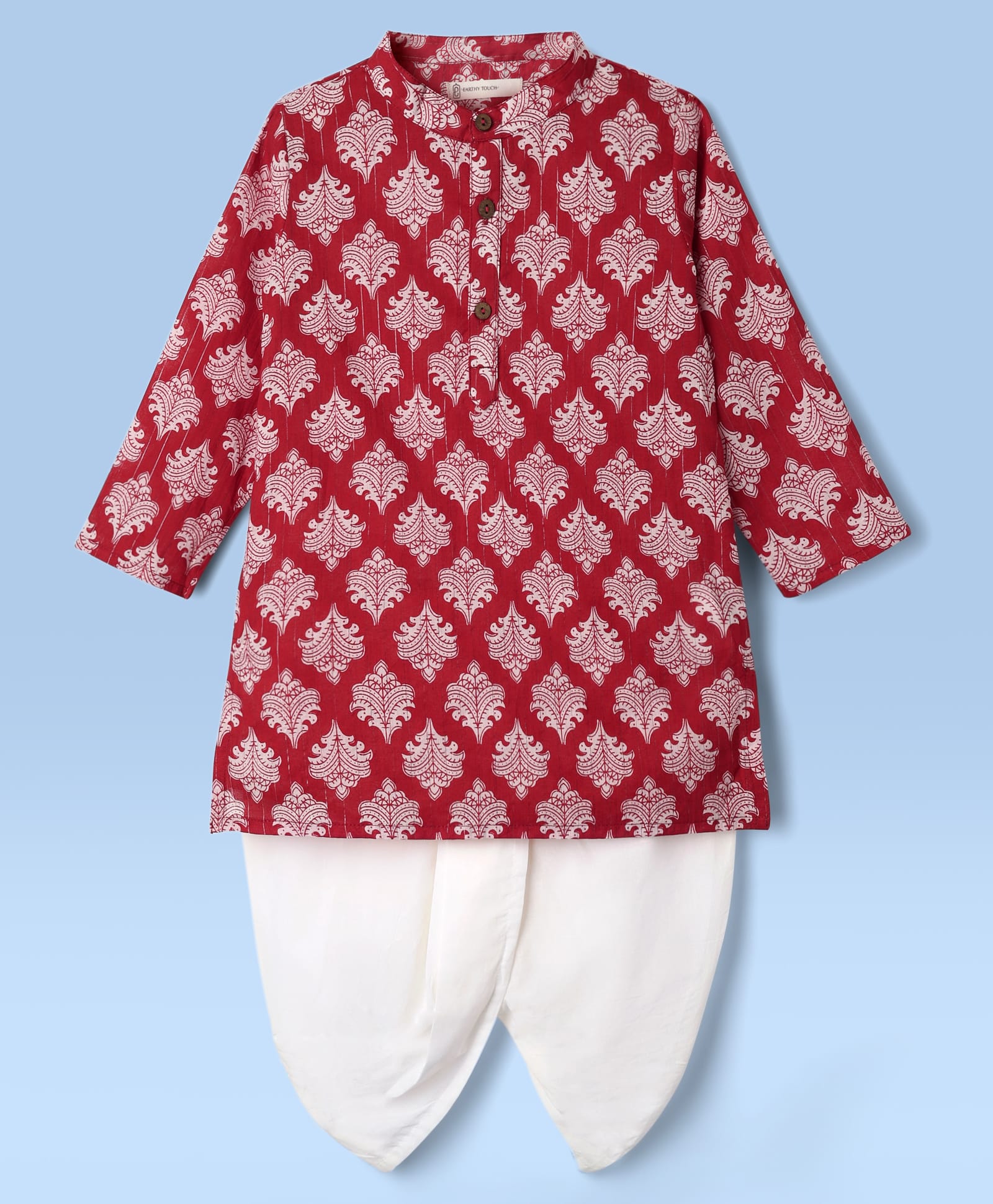 EARTHY TOUCH Cambric Woven Mandarin Collar Full Sleeves Kurta Dhoti Set With Floral Print - Red-image-21
