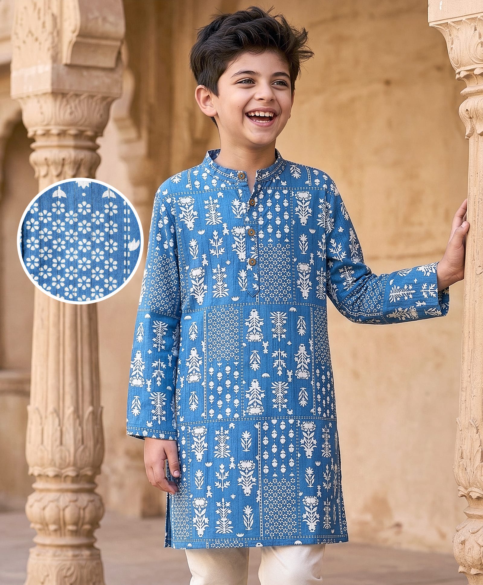 EARTHY TOUCH Cambric Woven Full Sleeves Kurta With Floral Print - Light Blue-picture-22