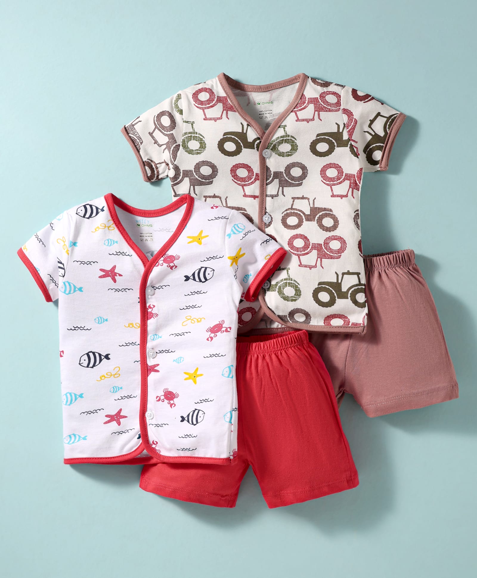 OHMS Single Jersey Knit Half Sleeves Shorts Night Suit With Vehicle Print Pack Of 2 - Red & Rose Gold-image-40