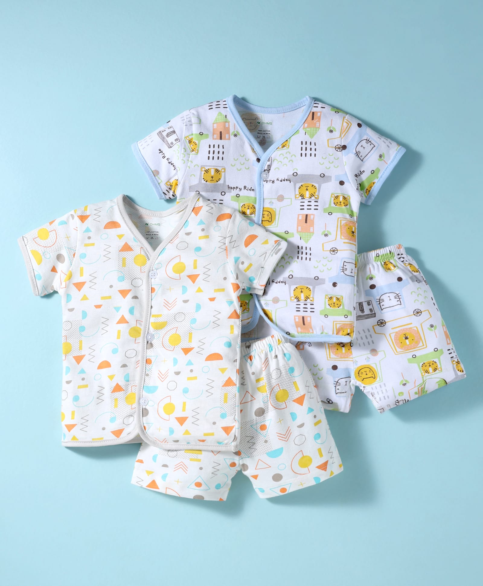 OHMS Single Jersey Knit Half Sleeves Short Co-ords Night Suit With Animal Print Pack Of 2 - White & Light Blue-image-38