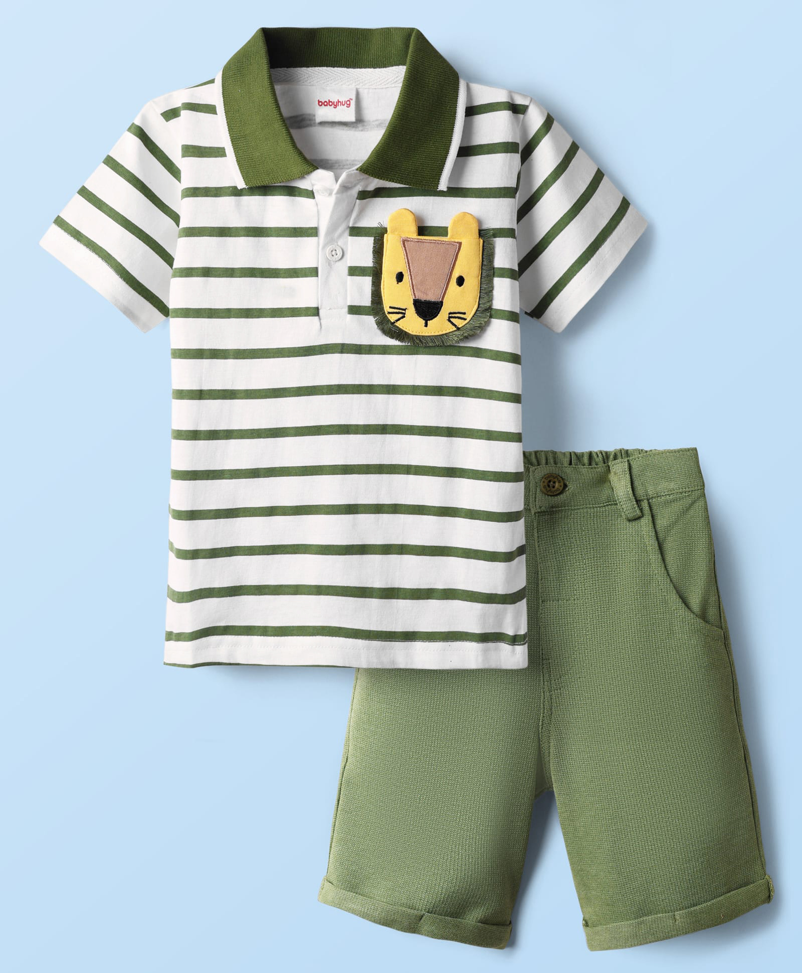 Babyhug Single Jersey Knit Half Sleeves Striped Polo T-Shirt & Shorts Set With Lion Applique - White & Olive Green
