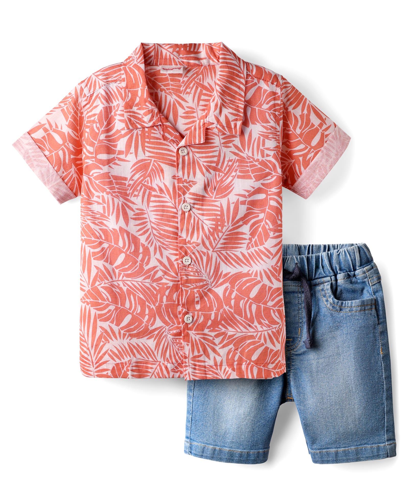 Babyhug Poplin Woven Half Sleeves Shirt & Denim Shorts Set With Leaf Print - Orange & Blue-picture-23