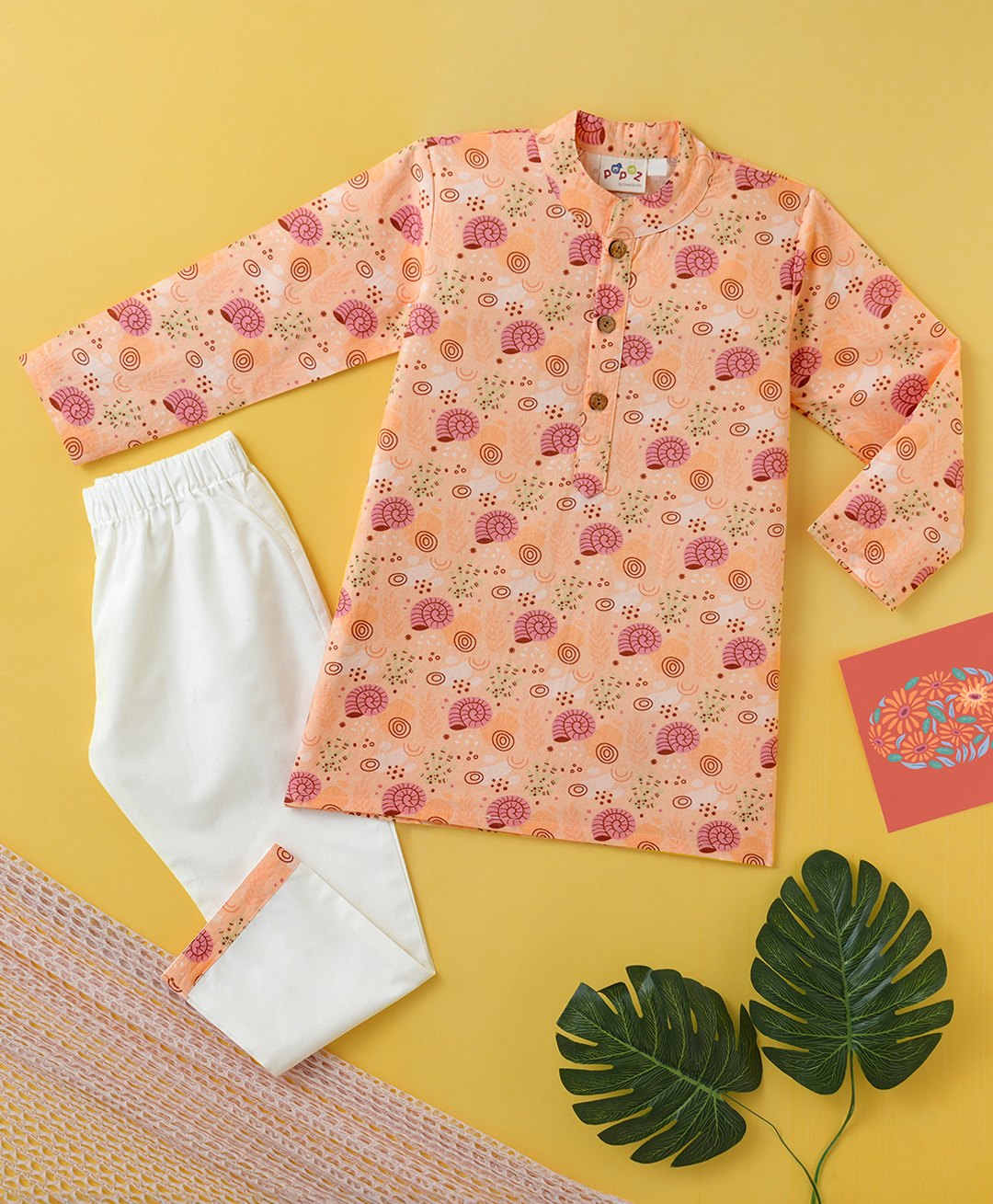 Desi Soota Cotton Woven Full Sleeves Snail Shell Printed Kurta & Coordinating Pyjama Set - Peach-picture-34