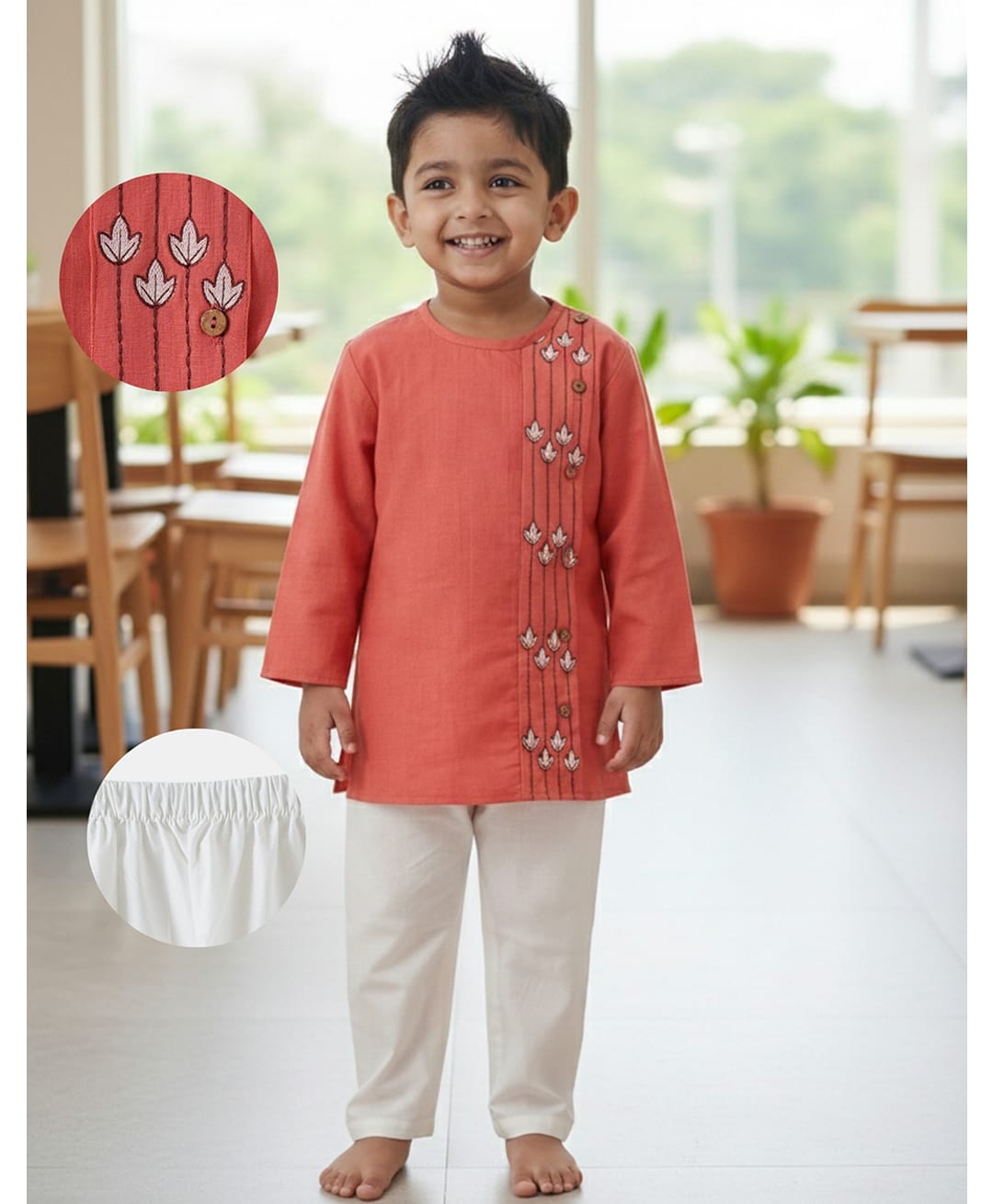 Desi Soota Cotton Woven Full Sleeves Leaves Embroidered Kurta & Pyjama Set - Peach-picture-35