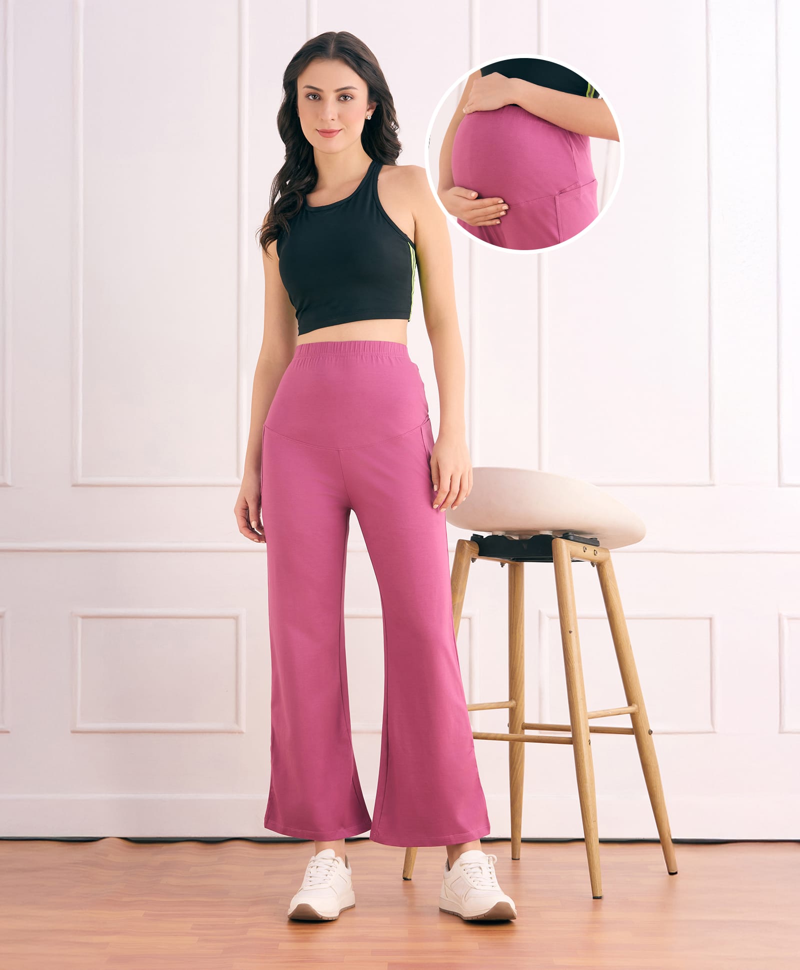 Bella Mama Cotton Knit Full Length High Coverage Maternity Solid Coloured Pant - Pink