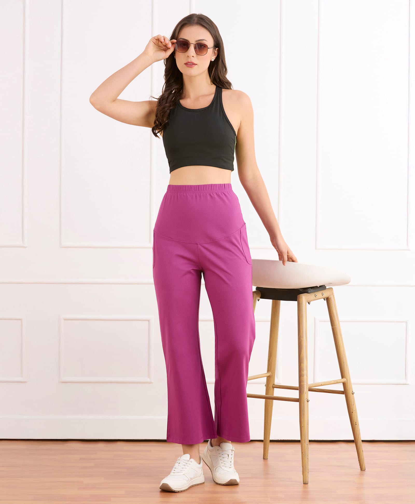Bella Mama Cotton Knit Full Length High Coverage Maternity Solid Coloured Pant - Plum-picture-33