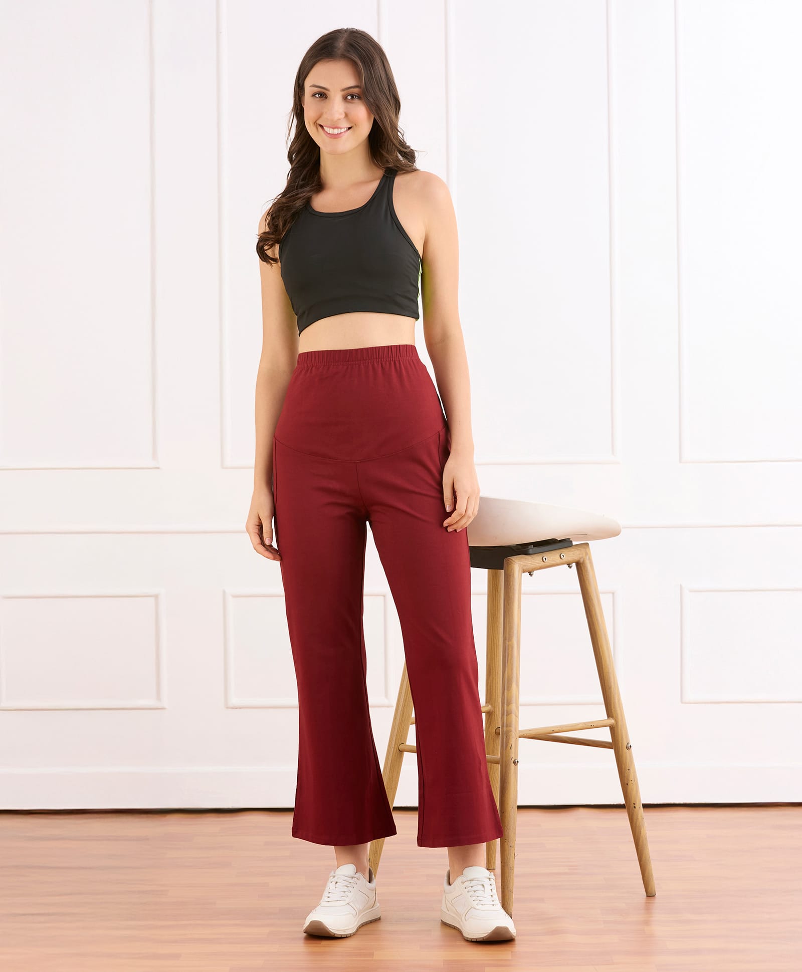 Bella Mama Cotton Knit Full Length High Coverage Maternity Solid Coloured Pant - Maroon-image-6