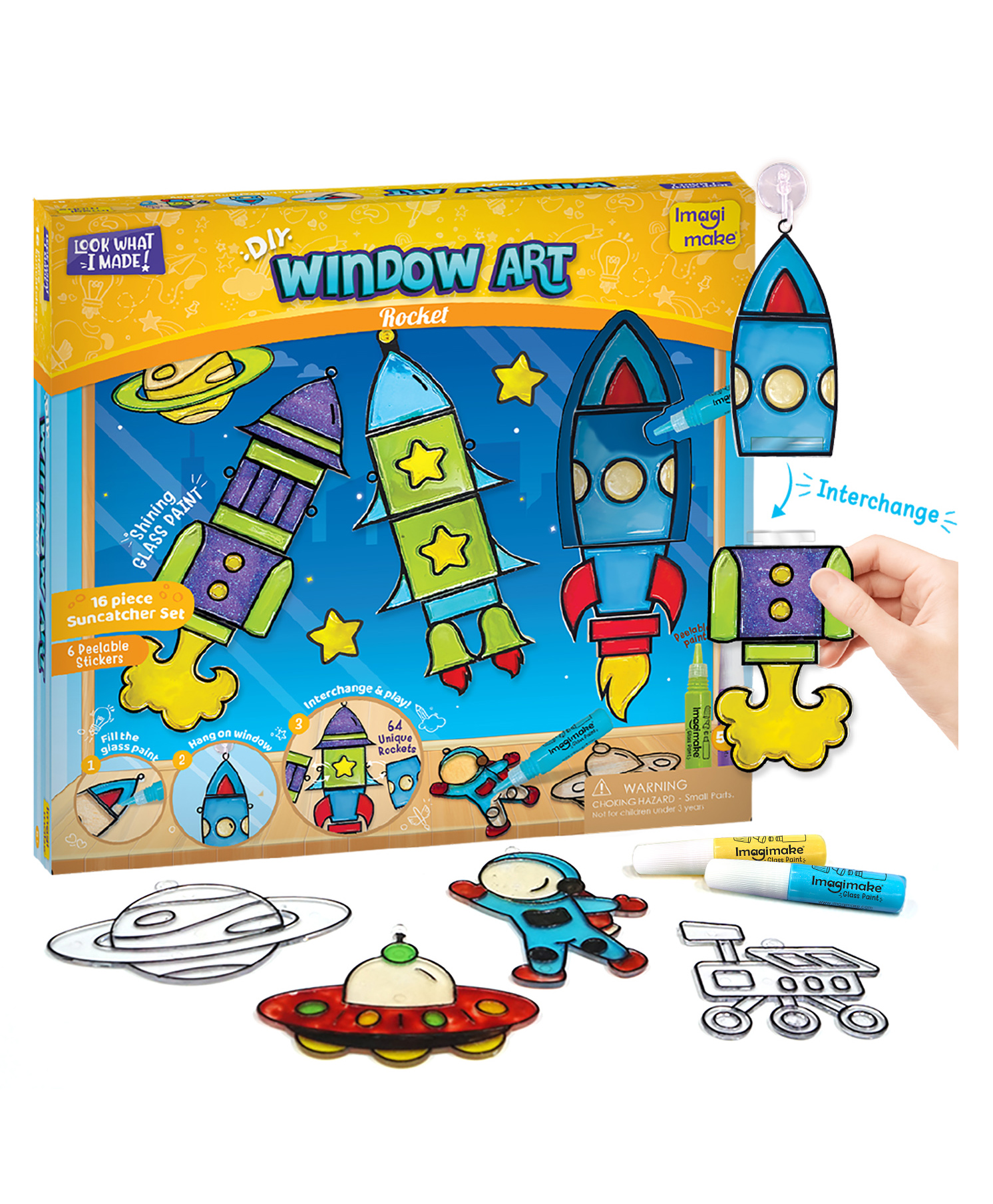 Imagimake Window Art - Rocket - 16 Pieces Glass Painting Set - Astronaut, Rover, Space Designs - Craft Kit - Multicolor-picture-17