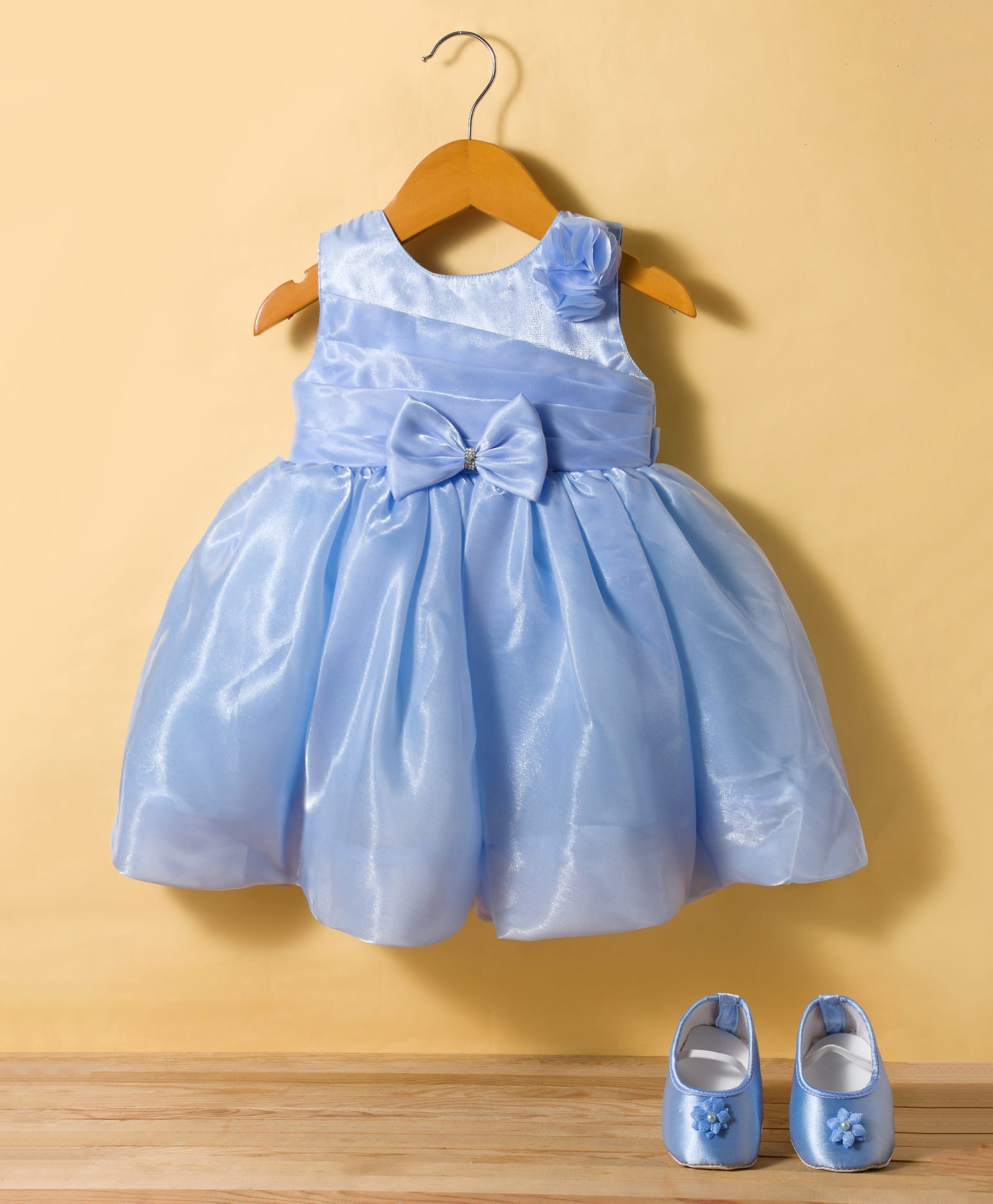 Bluebell Tissue Woven Sleeveless Solid Party Dress With Bow Applique & Booties - Light Blue-image-22
