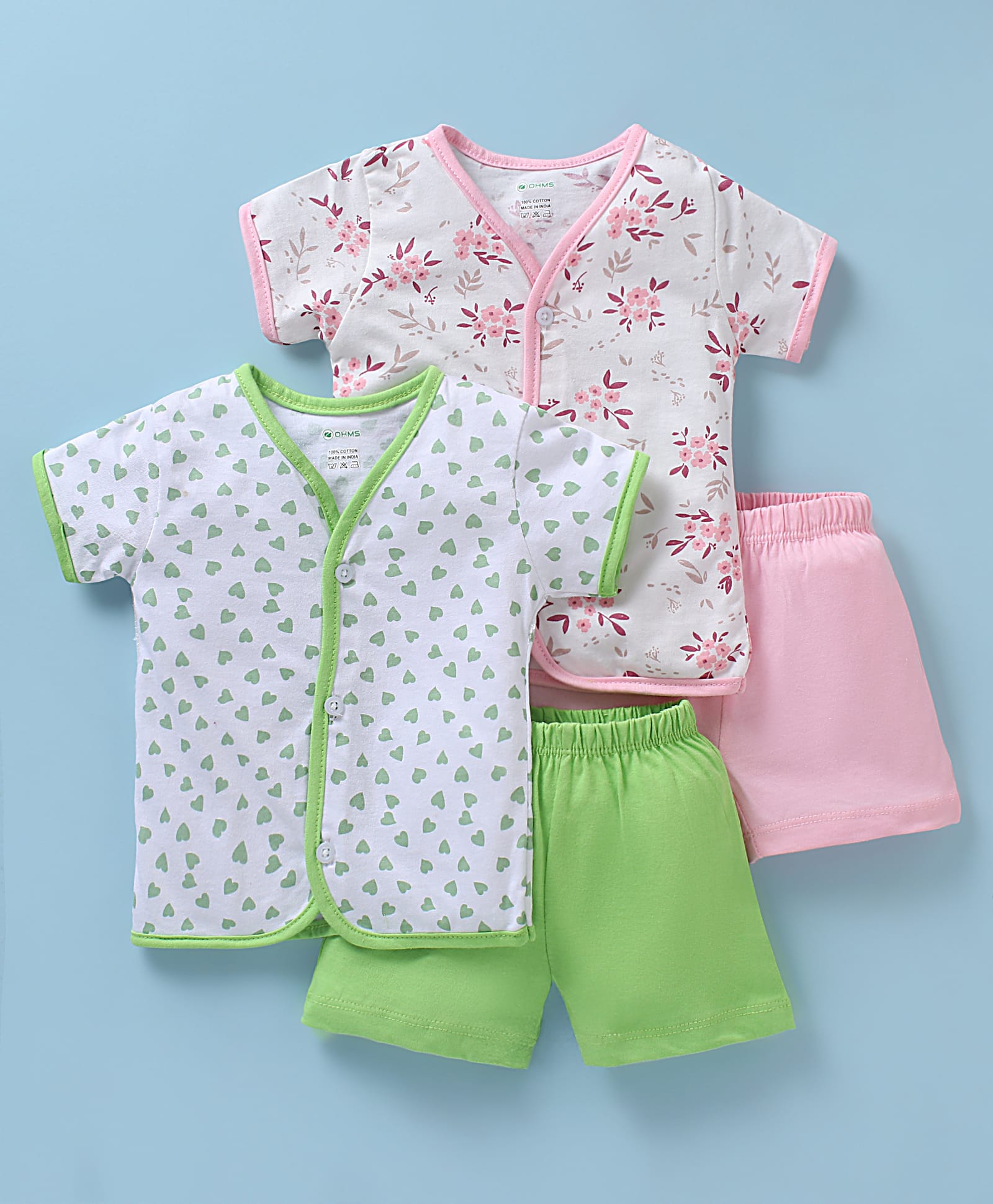 OHMS Single Jersey Knit Half Sleeves Shorts Night Suit With Floral Print Pack Of 2 - Light Green & Pink-image-46