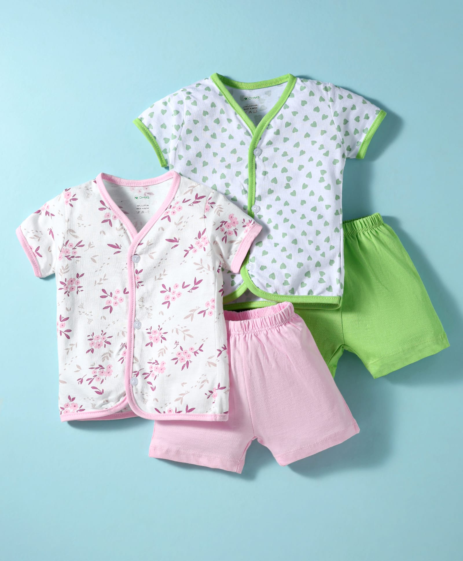 OHMS Single Jersey Knit Half Sleeves Shorts Night Suit With Floral Print Pack Of 2 - Light Green & Pink-image-45