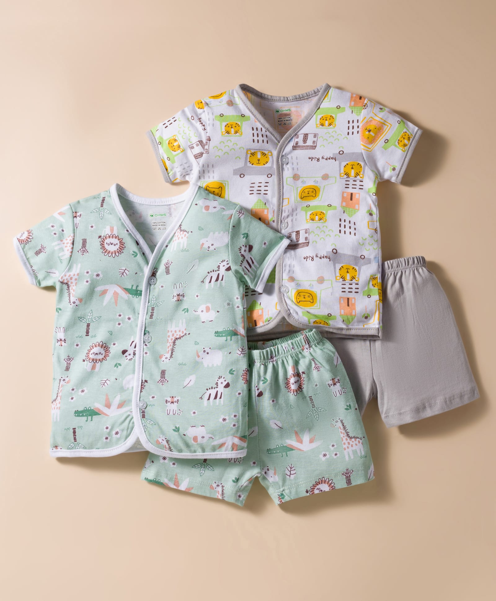 OHMS Single Jersey Half sleeves Shorts Night Suit With Animal Print Pack Of 2 - Lilac & Light Green-image-44