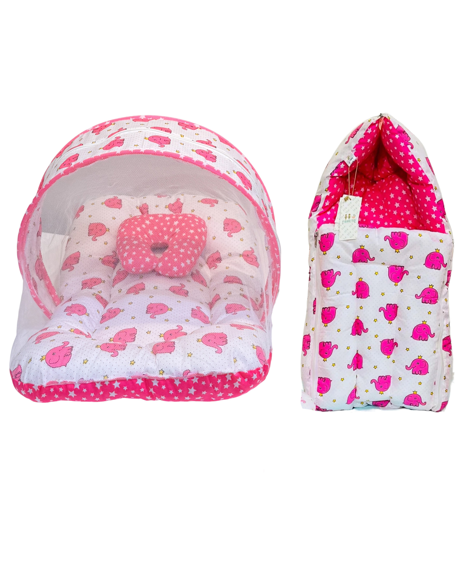 Fareto Baby Sleeping Essential Mattress with Net Bedding Set Combo Carry Bag, Pink-image-49