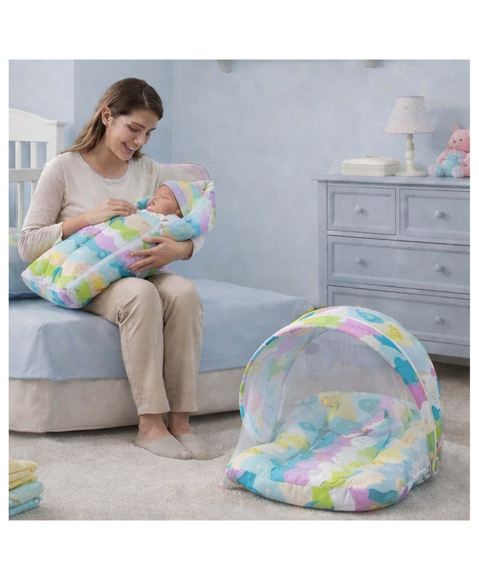 Fareto Baby Sleeping Essential Mattress with Net Bedding Set Combo Carry Bag, Pista Green-image-44