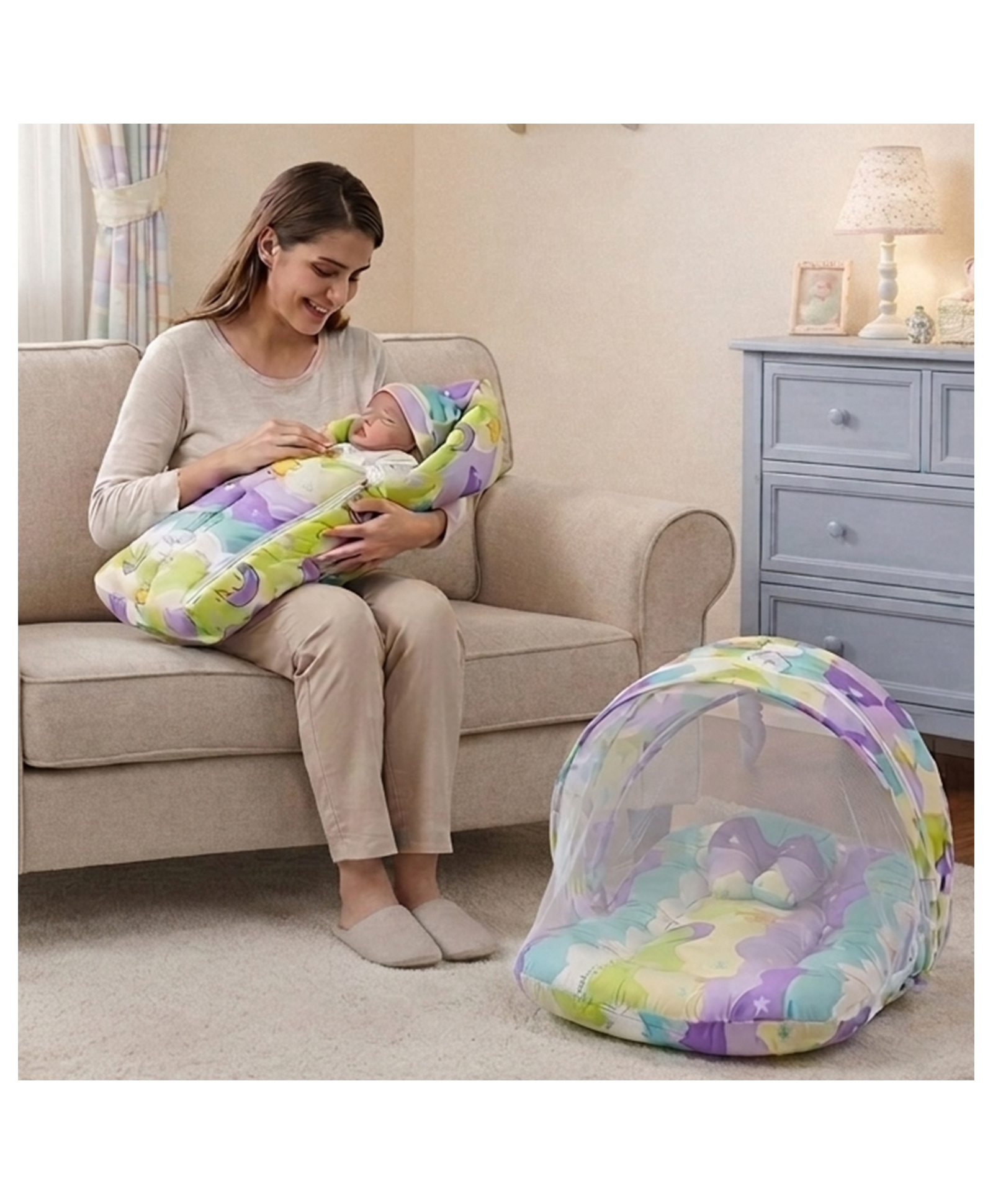 Fareto Baby Sleeping Essential Mattress with Net Bedding Set Combo Carry Bag, Purple-image-19